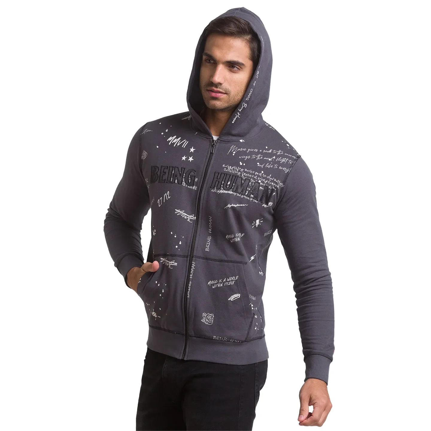Grey Regular Fit Round Neck Men's Hoodie by Being Human Clothing - Image 4