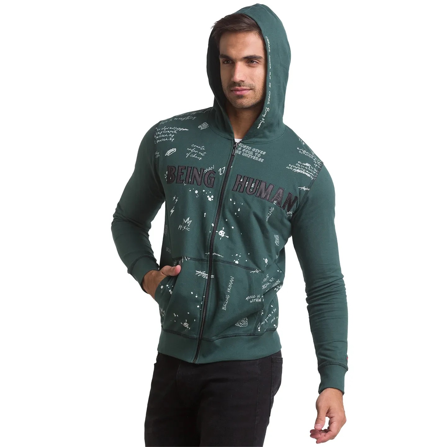 Forest Green Regular Fit Round Neck Men's Hoodie by Being Human Clothing - Image 4