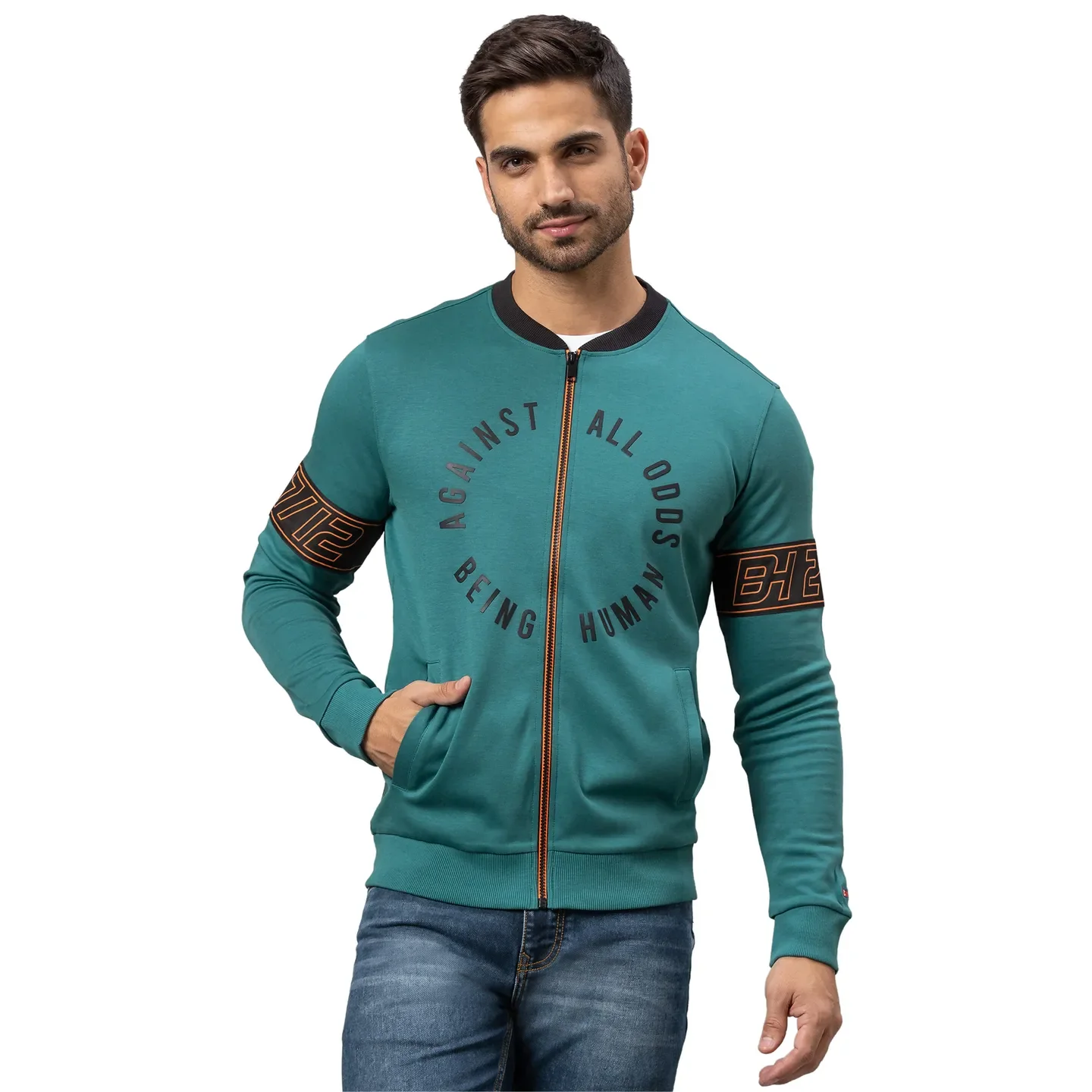 Green Regular Fit Round Neck Long Sleeves Cotton Men's Sweatshirt by Being Human Clothing