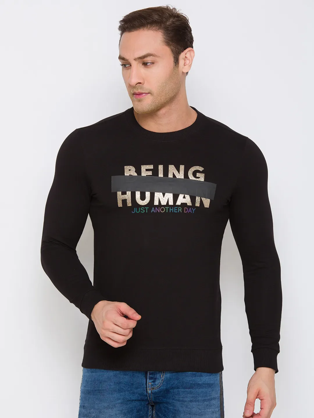 Black Regular Fit Round Neck Long Sleeves Cotton Men's Sweatshirt by Being Human Clothing