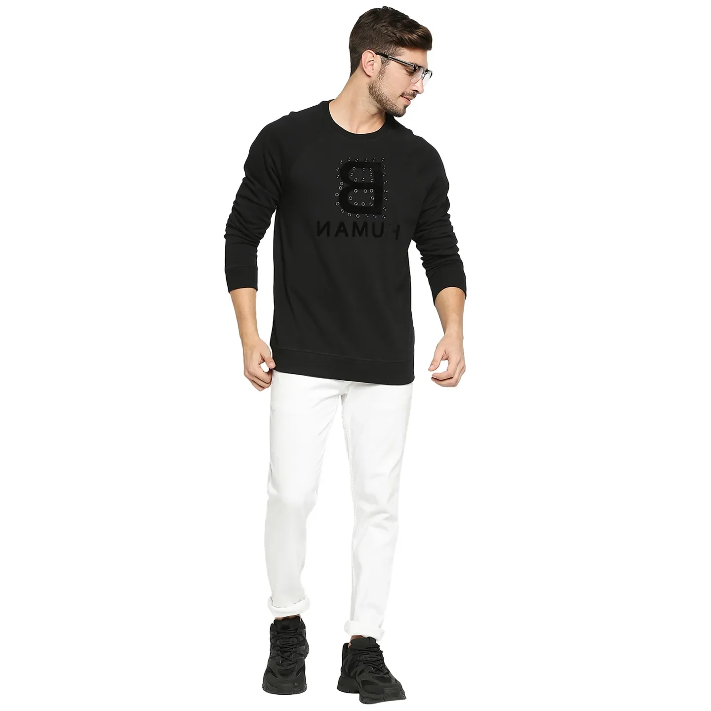 Black Regular Fit Round Neck Long Sleeves Cotton Men's Sweatshirt by Being Human Clothing - Image 6