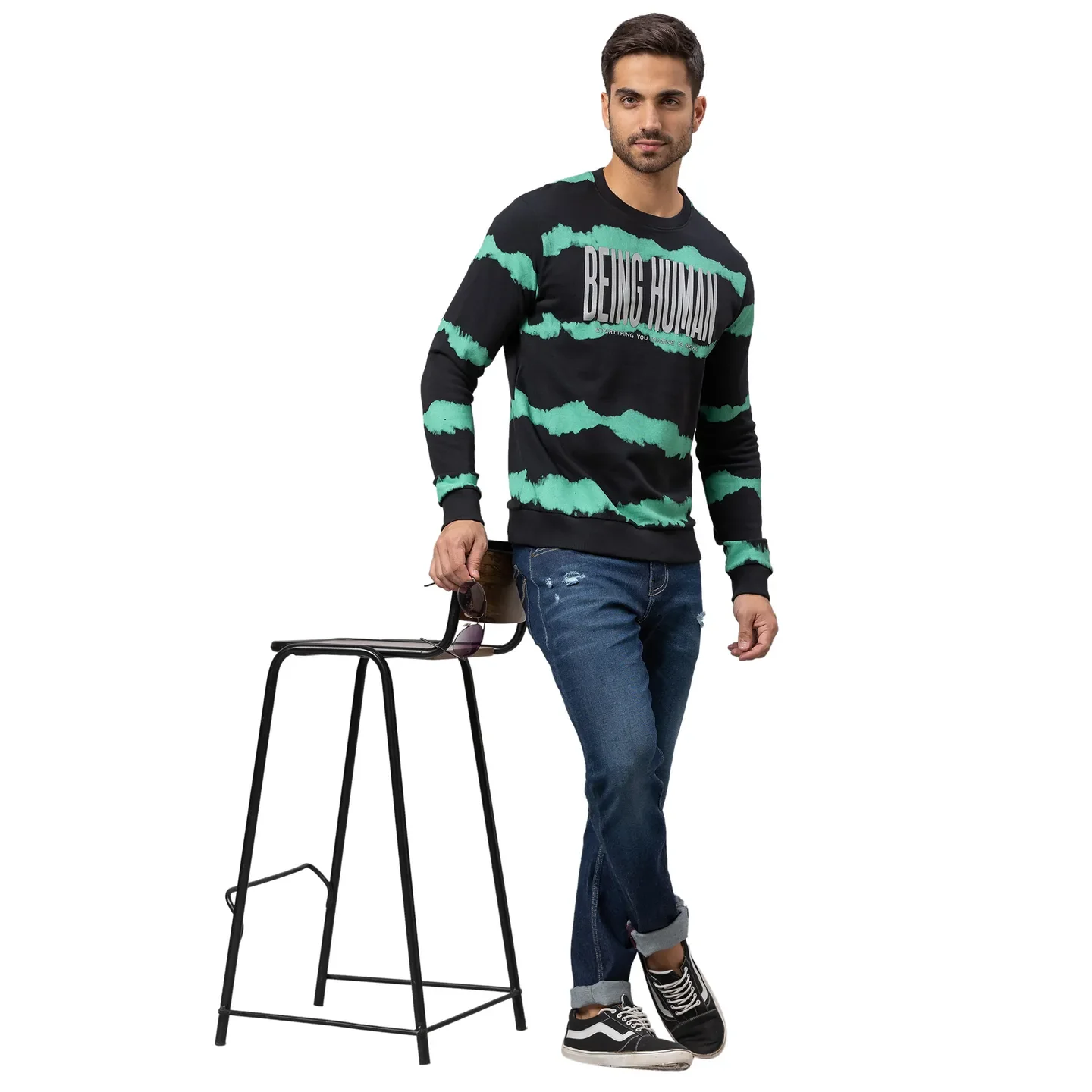 Black Regular Fit Round Neck Long Sleeves Cotton Men's Sweatshirt by Being Human Clothing - Image 2