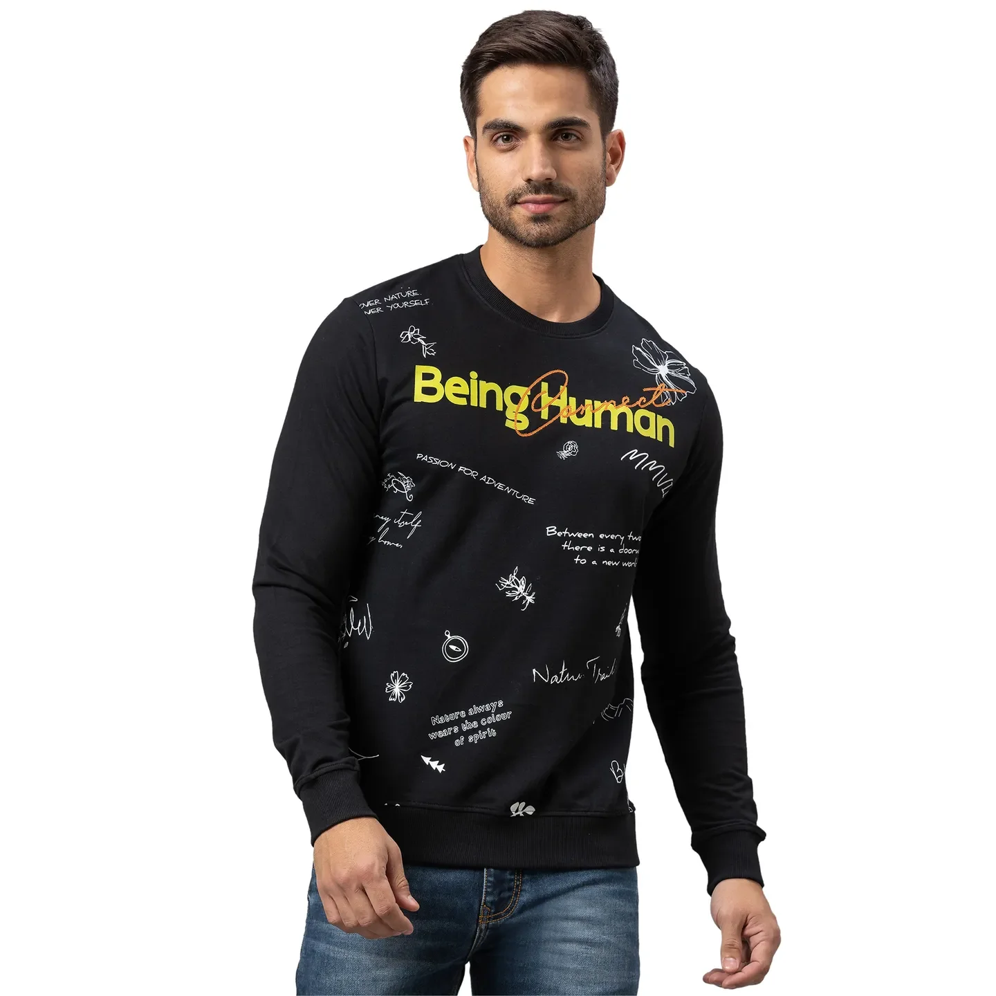 Black Regular Fit Round Neck Long Sleeves Cotton Men's Sweatshirt by Being Human Clothing