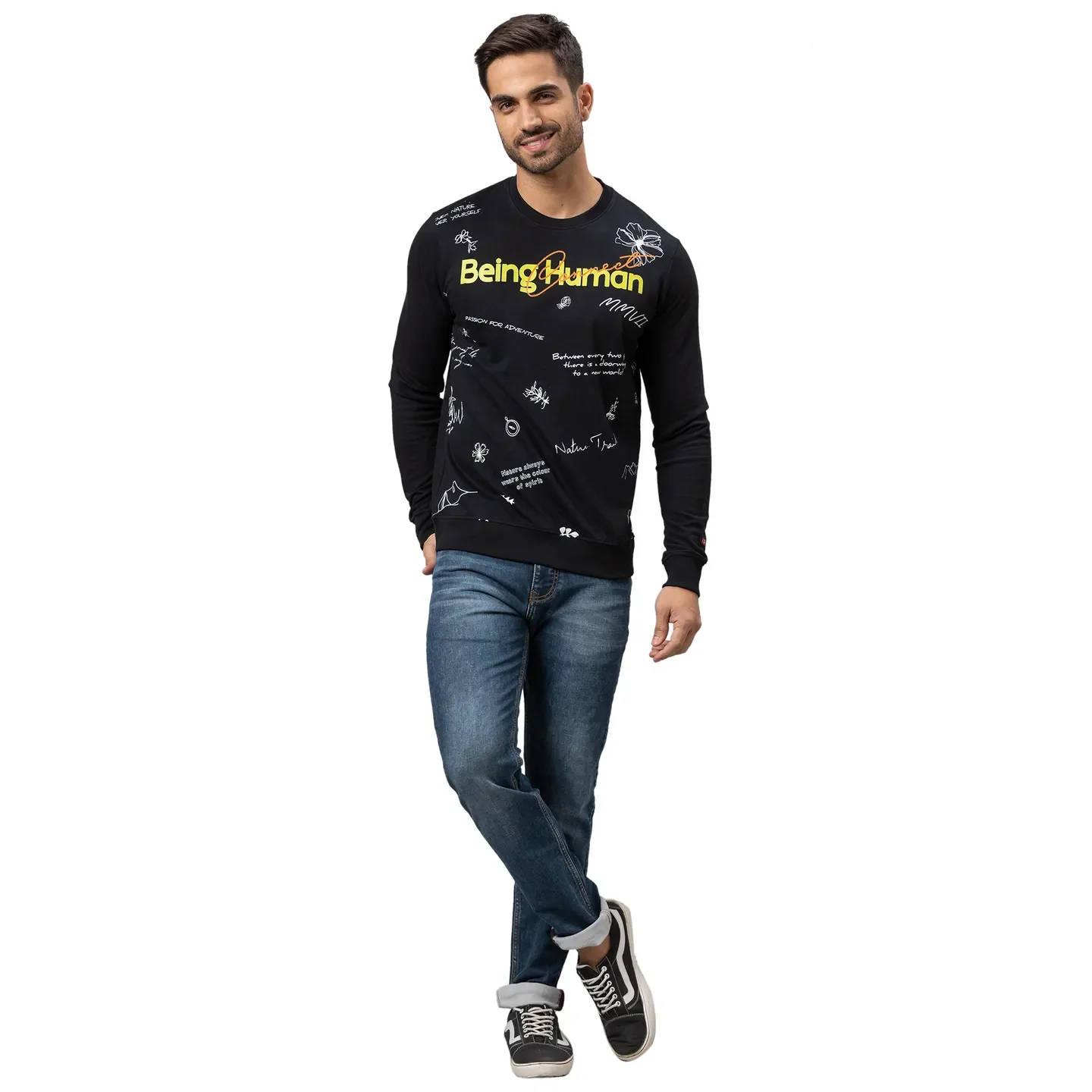 Black Regular Fit Round Neck Long Sleeves Cotton Men's Sweatshirt by Being Human Clothing - Image 2