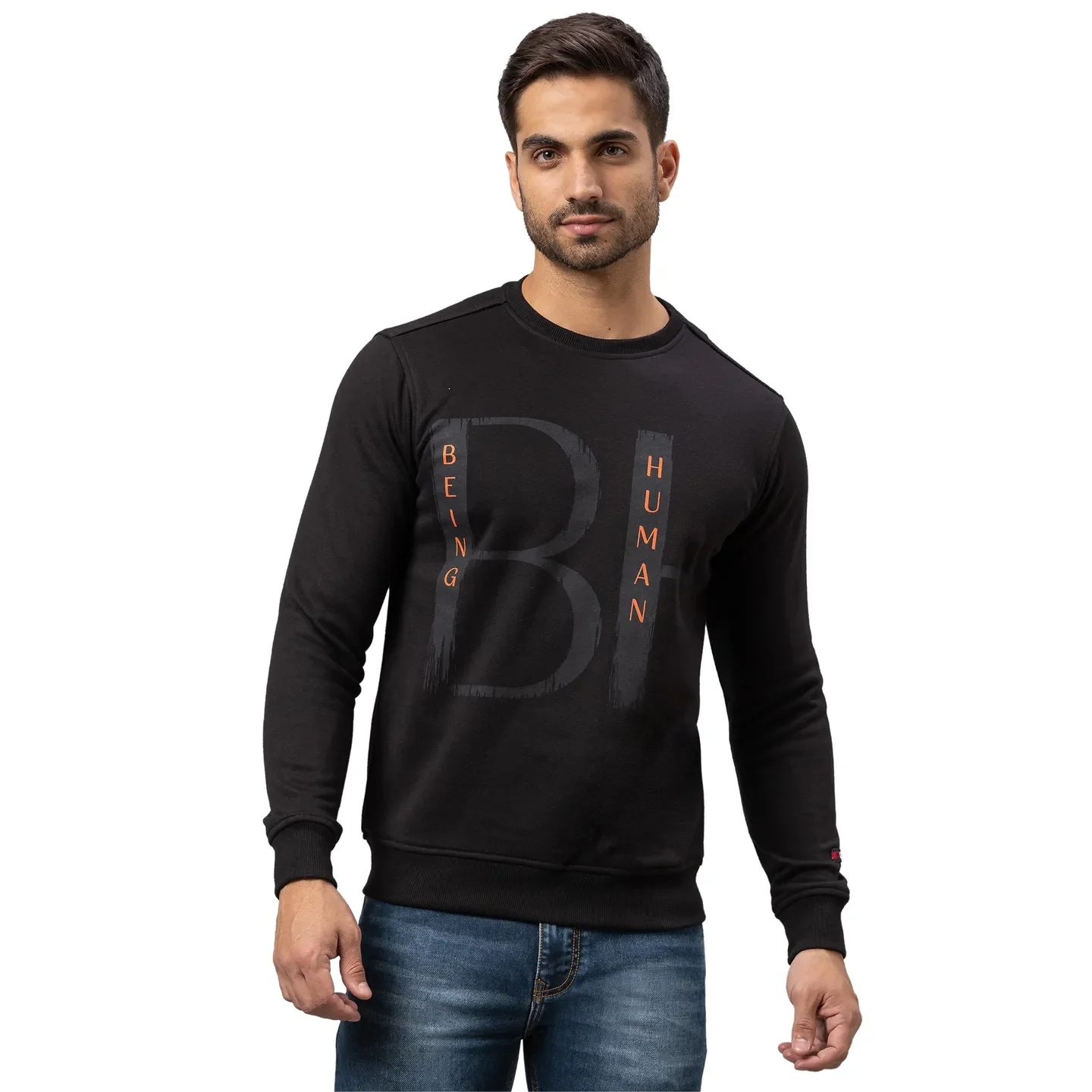 Black Regular Fit Round Neck Long Sleeves Cotton Men's Sweatshirt by Being Human Clothing