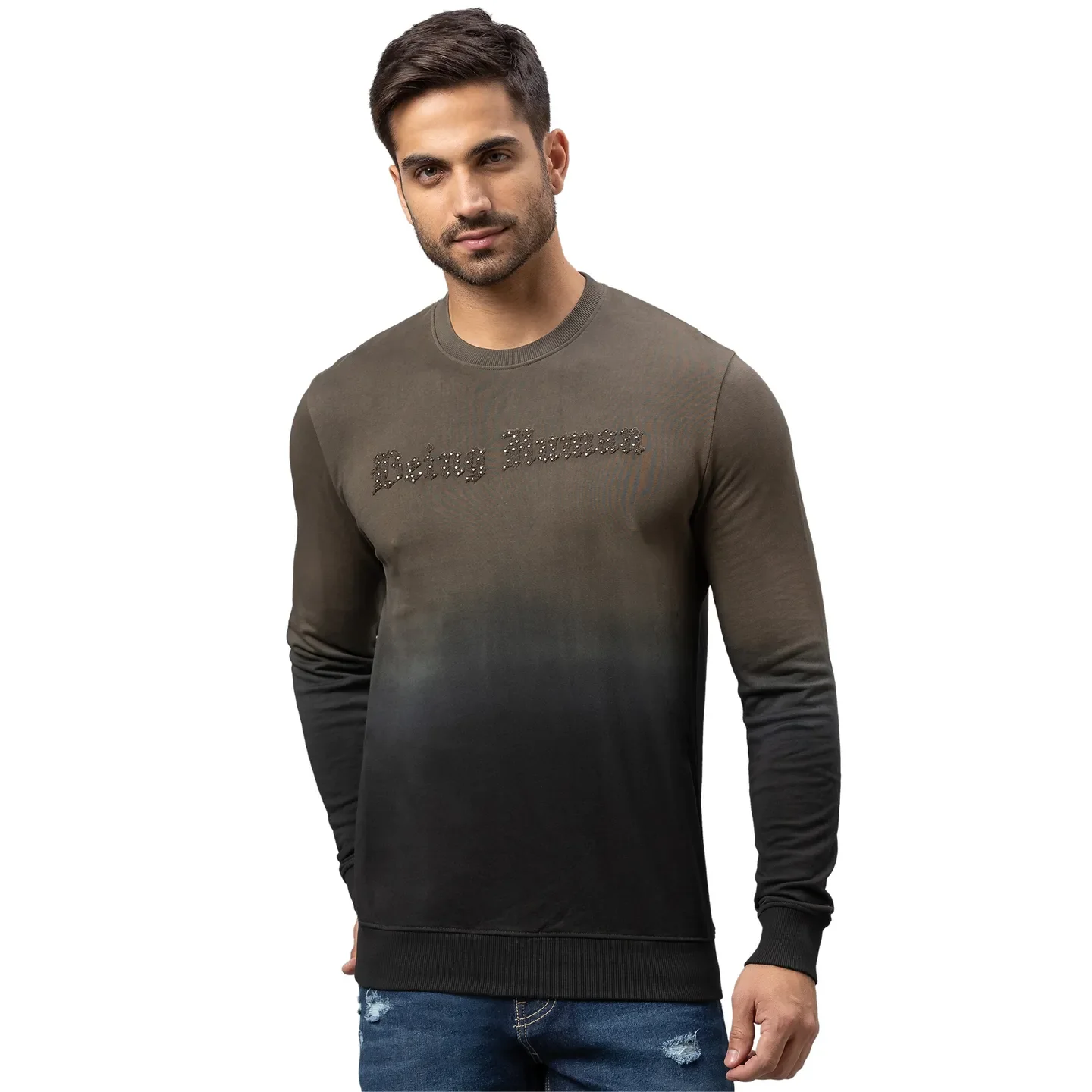 Olive Regular Fit Round Neck Long Sleeves Cotton Men's Sweatshirt by Being Human Clothing