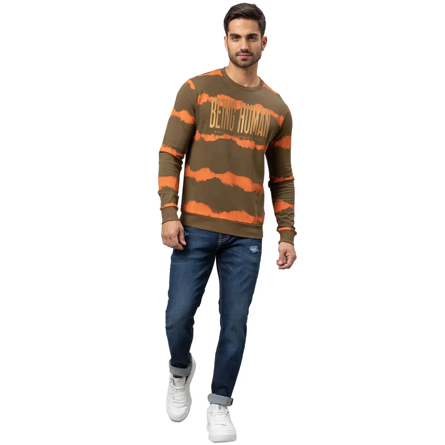 Olive Regular Fit Round Neck Long Sleeves Cotton Men's Sweatshirt by Being Human Clothing - Image 2
