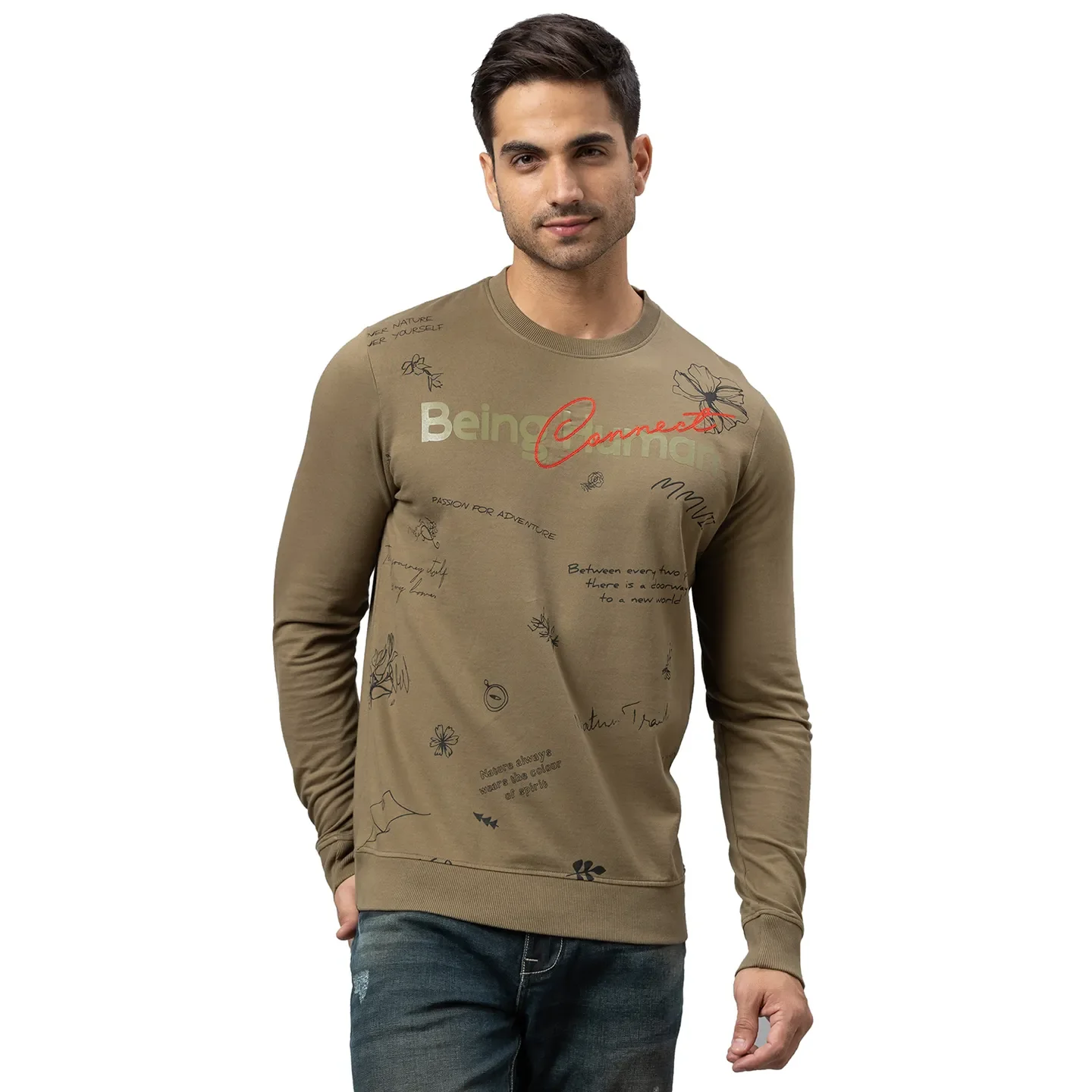 Olive Regular Fit Round Neck Long Sleeves Cotton Men's Sweatshirt by Being Human Clothing