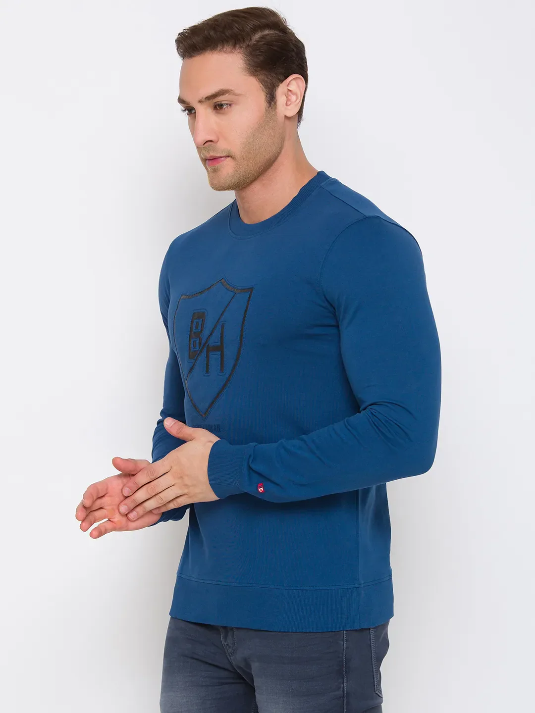 Blue Regular Fit Round Neck Long Sleeves Cotton Men's Sweatshirt by Being Human Clothing - Image 4