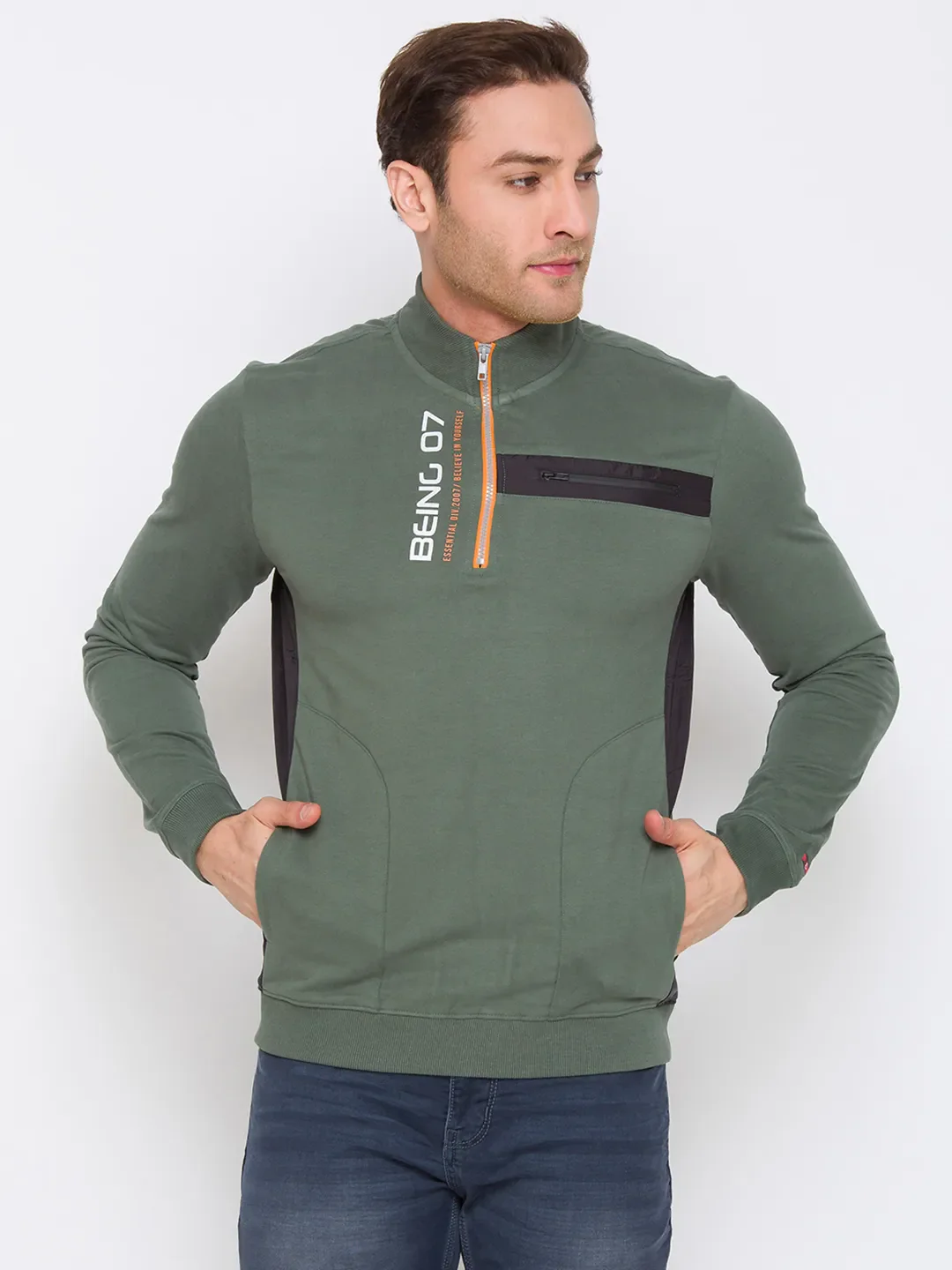 Green Regular Fit Round Neck Long Sleeves Cotton Men's Sweatshirt by Being Human Clothing
