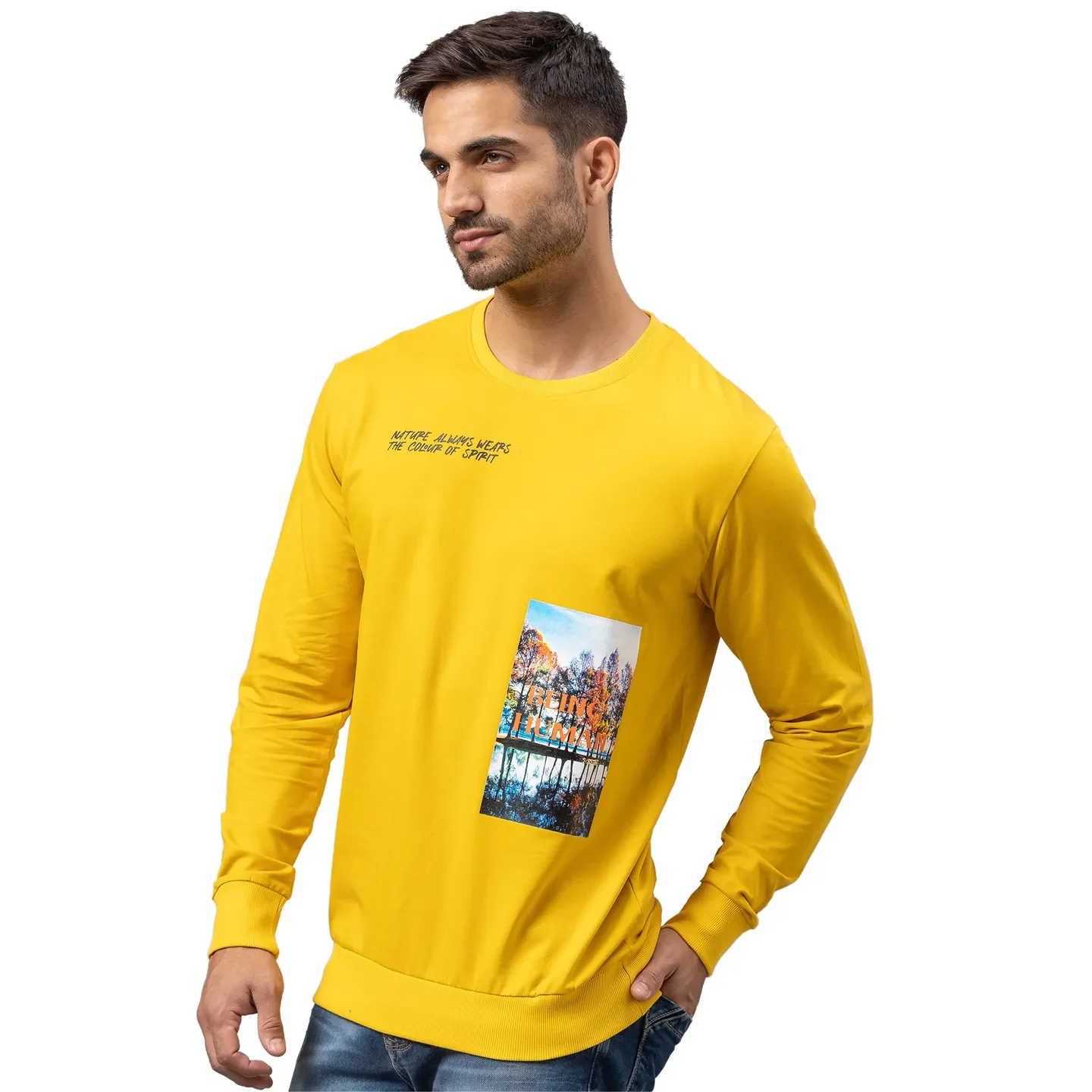 Yellow Regular Fit Round Neck Long Sleeves Cotton Men's Sweatshirt by Being Human Clothing - Image 4