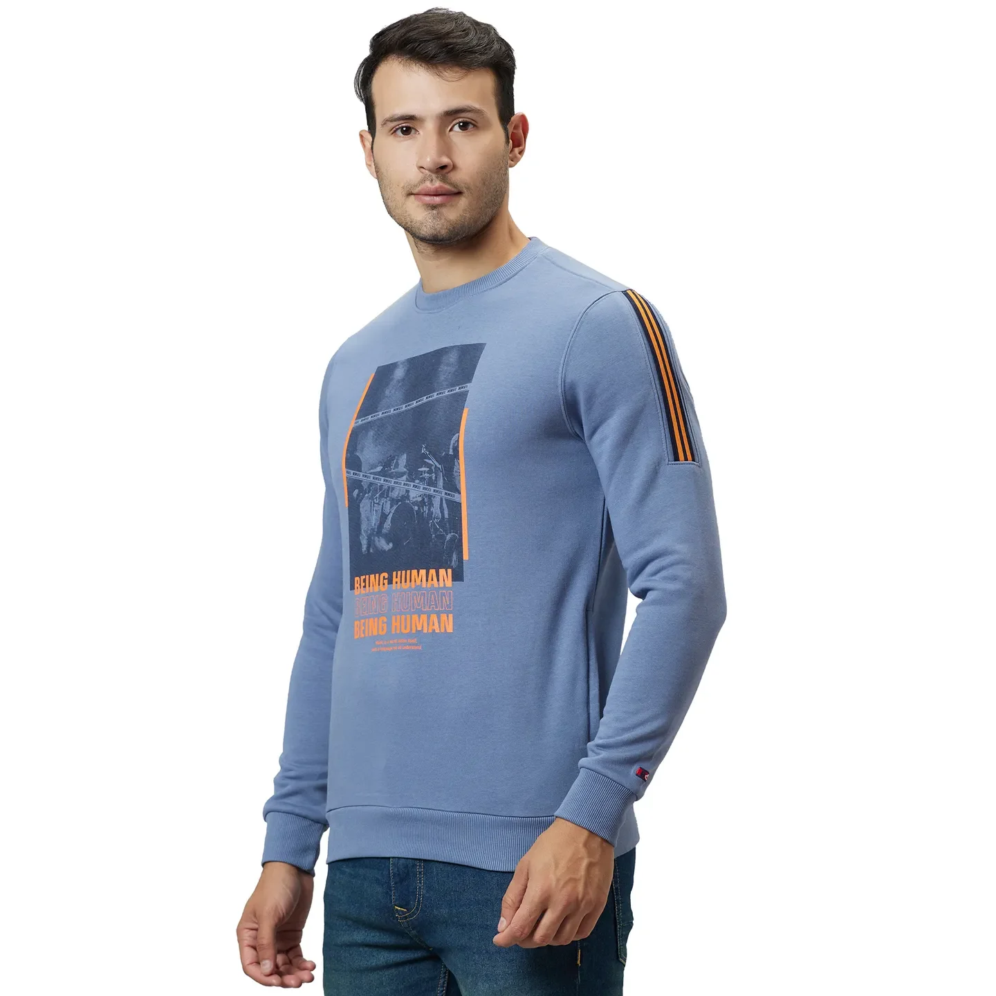 Blue Regular Fit Round Neck Long Sleeves Cotton Men's Sweatshirt by Being Human Clothing - Image 4