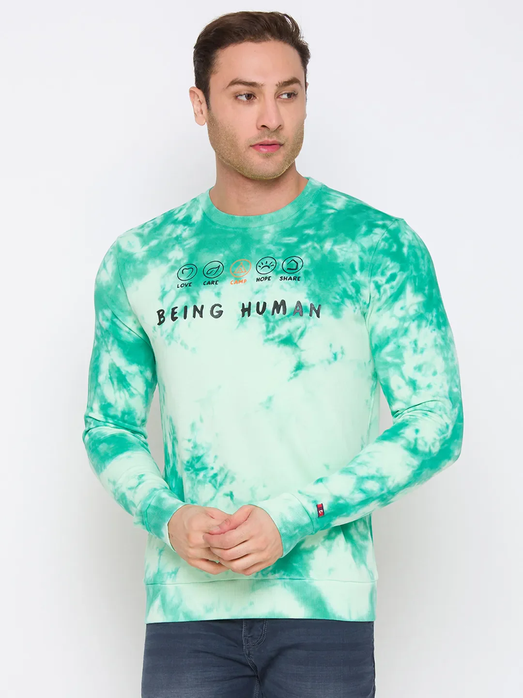 Green Regular Fit Round Neck Long Sleeves Cotton Men's Sweatshirt by Being Human Clothing