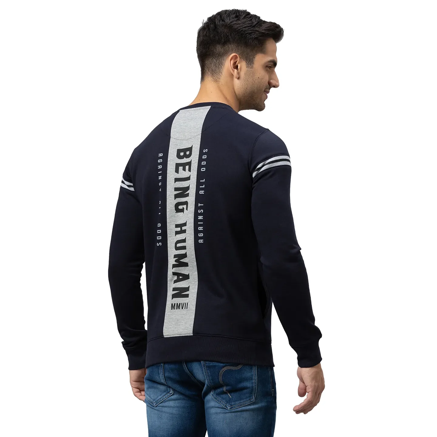Blue Regular Fit Round Neck Long Sleeves Cotton Men's Sweatshirt by Being Human Clothing - Image 3