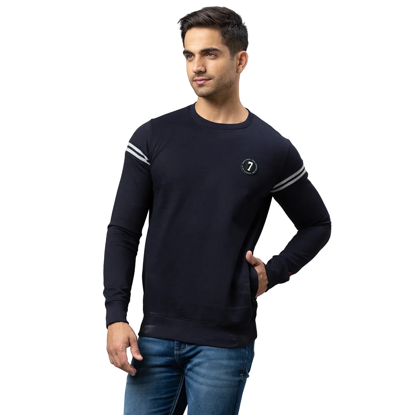 Blue Regular Fit Round Neck Long Sleeves Cotton Men's Sweatshirt by Being Human Clothing - Image 4