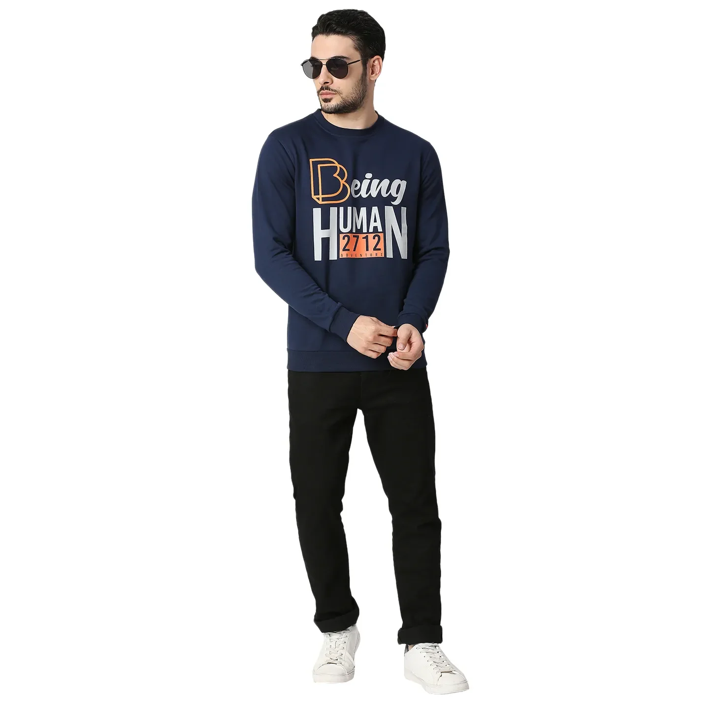 Blue Regular Fit Round Neck Long Sleeves Cotton Men's Sweatshirt by Being Human Clothing - Image 5