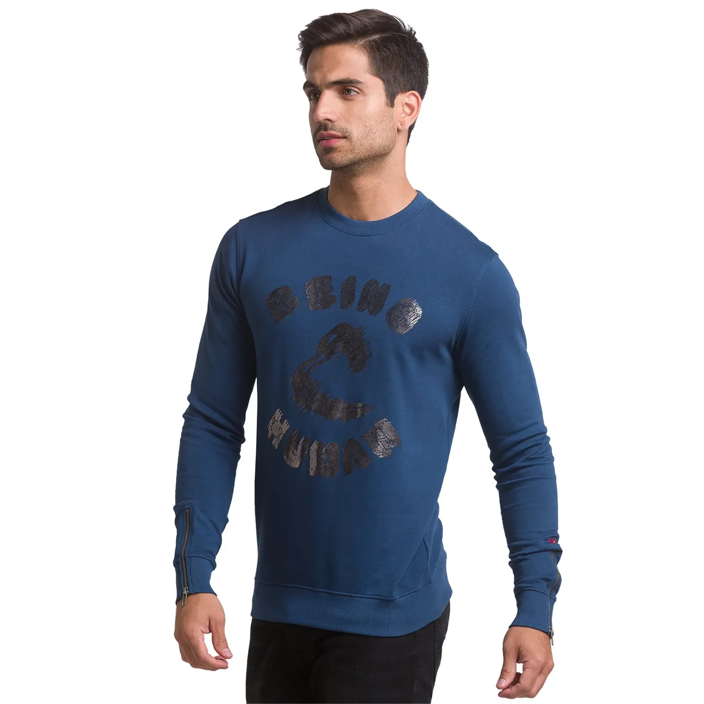 Blue Regular Fit Round Neck Long Sleeves Cotton Men's Sweatshirt by Being Human Clothing