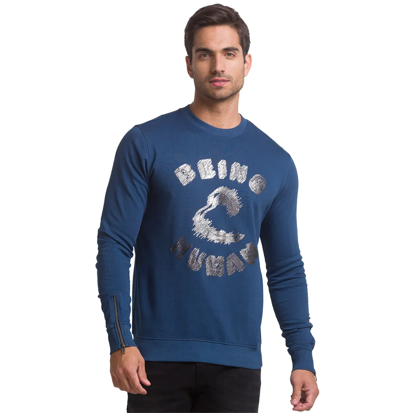 Blue Regular Fit Round Neck Long Sleeves Cotton Men's Sweatshirt by Being Human Clothing - Image 2