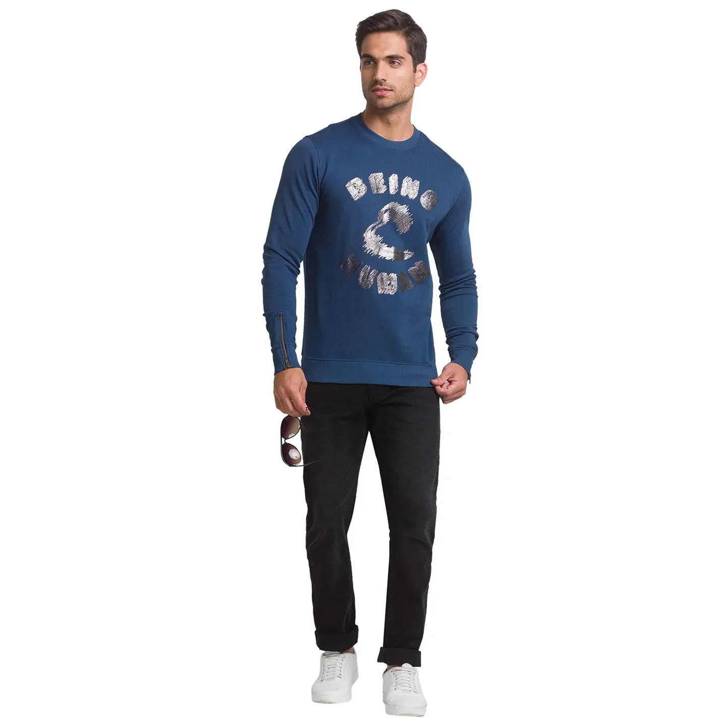 Blue Regular Fit Round Neck Long Sleeves Cotton Men's Sweatshirt by Being Human Clothing - Image 3