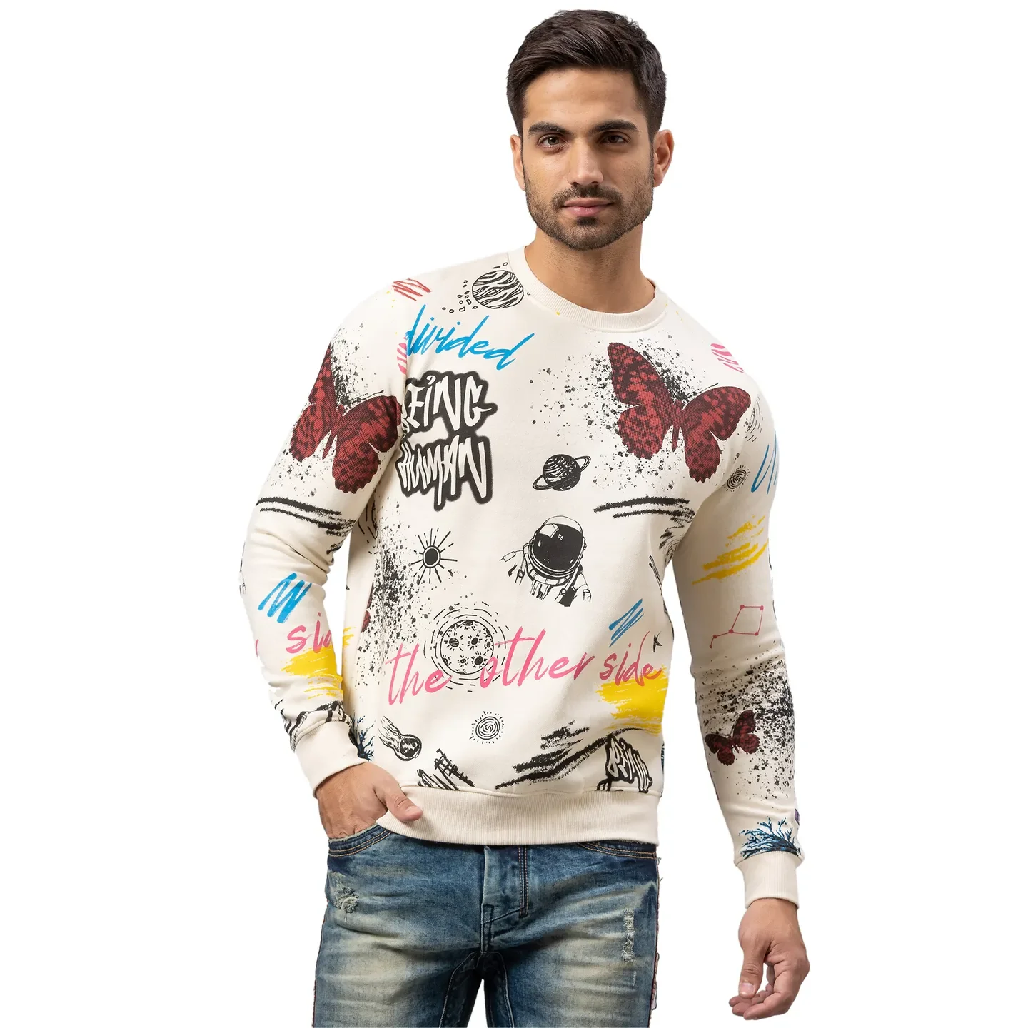 White Regular Fit Round Neck Long Sleeves Cotton Men's Sweatshirt by Being Human Clothing
