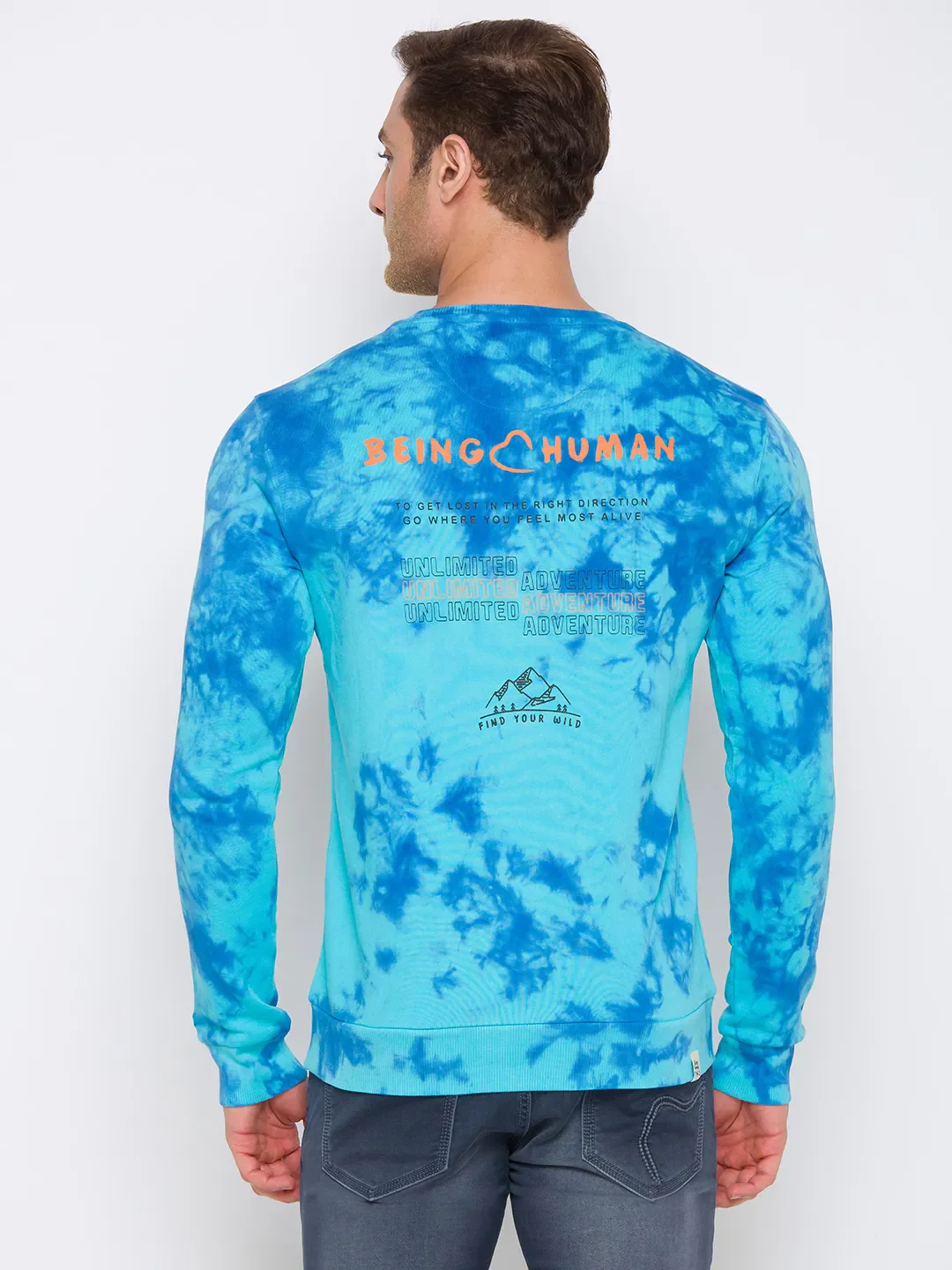 Blue Regular Fit Round Neck Long Sleeves Cotton Men's Sweatshirt by Being Human Clothing - Image 4