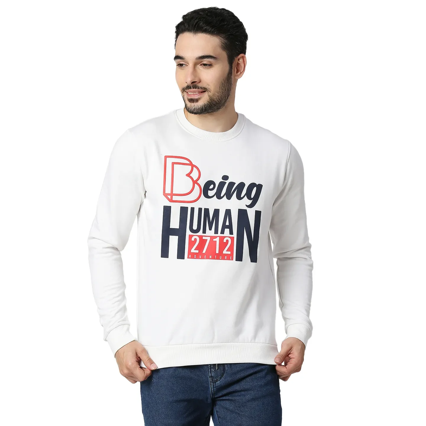 White Regular Fit Round Neck Long Sleeves Cotton Men's Sweatshirt by Being Human Clothing