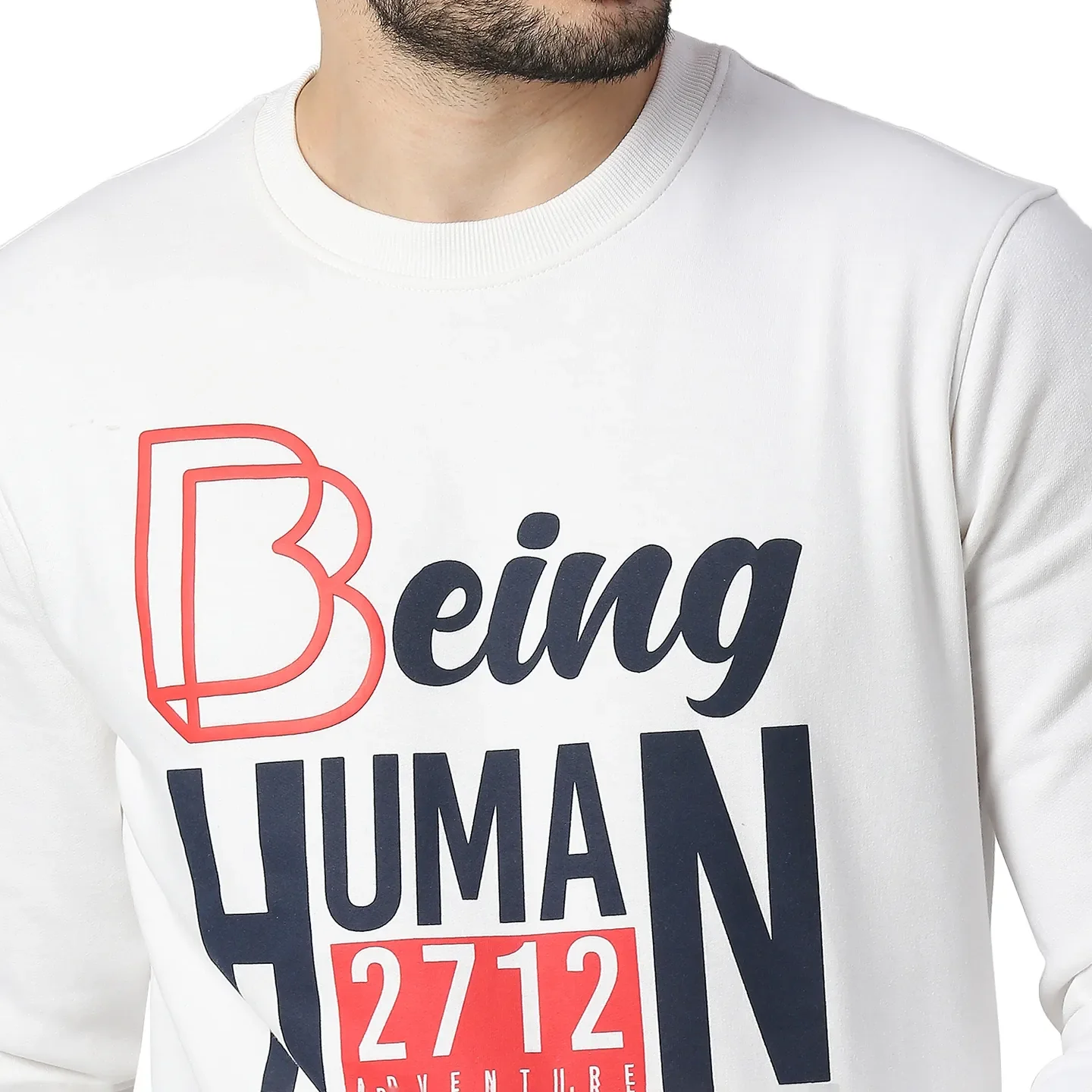 White Regular Fit Round Neck Long Sleeves Cotton Men's Sweatshirt by Being Human Clothing - Image 4