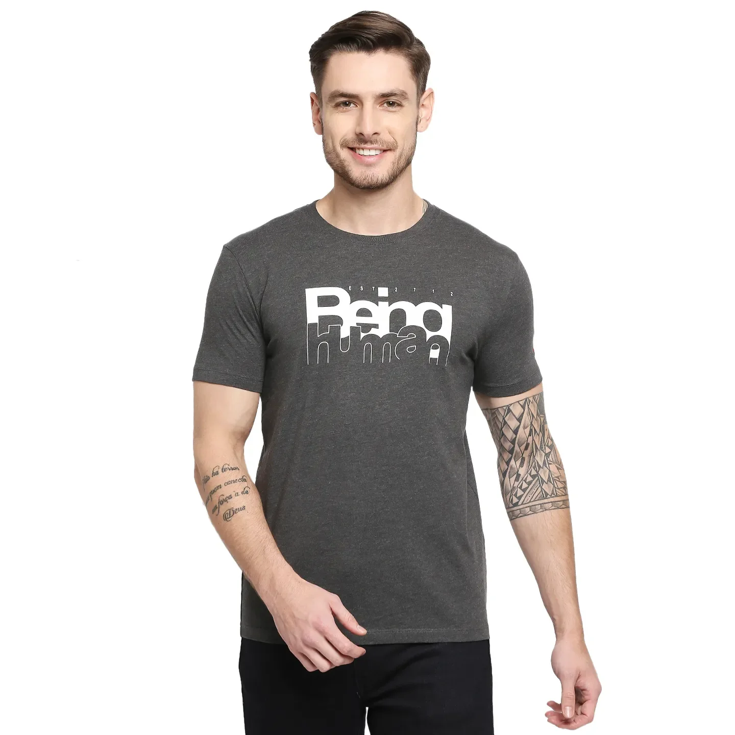 Grey Regular Fit Men's Short Sleeves T-Shirt by Being Human Clothing