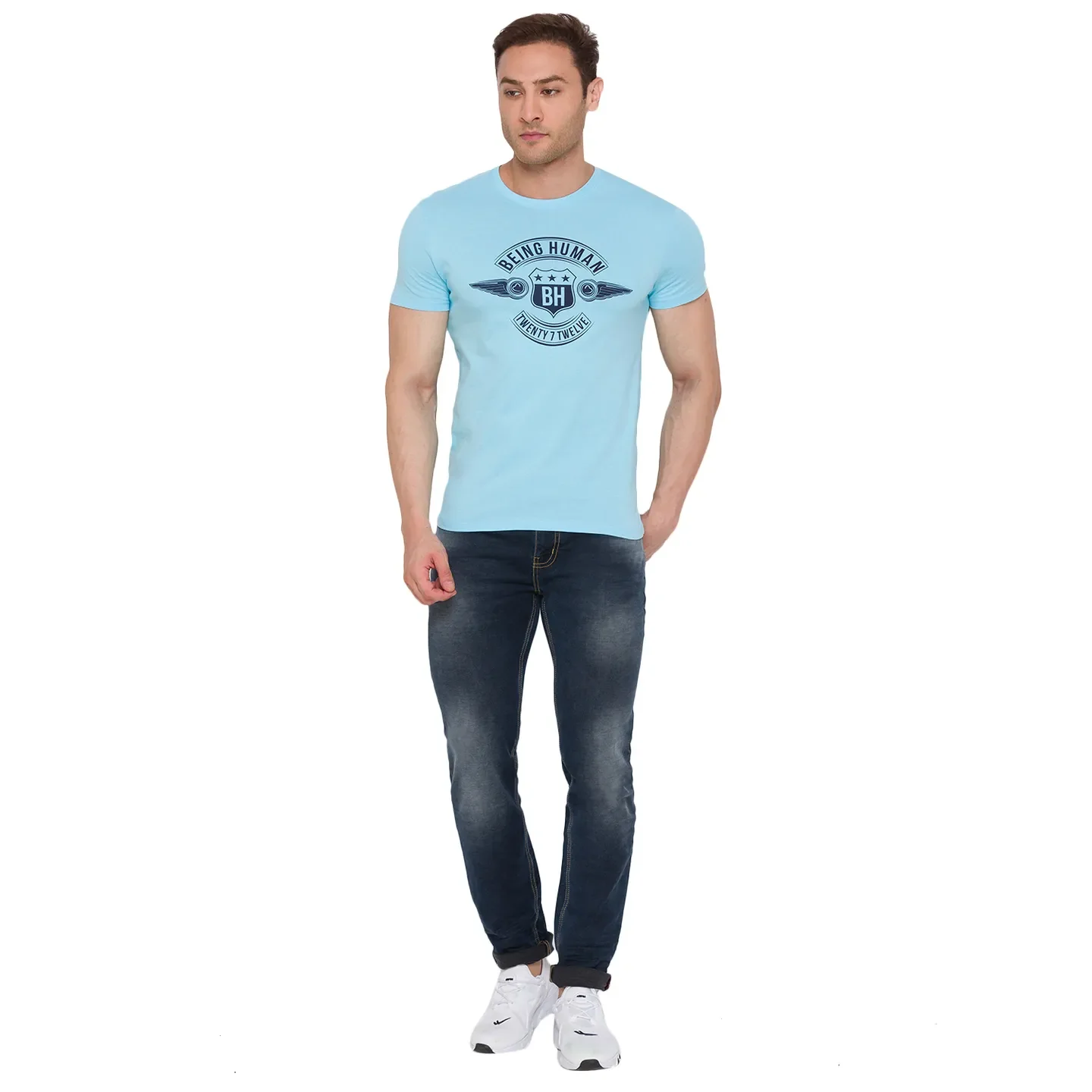 Blue Regular Fit Men's Short Sleeves T-Shirt by Being Human Clothing - Image 2