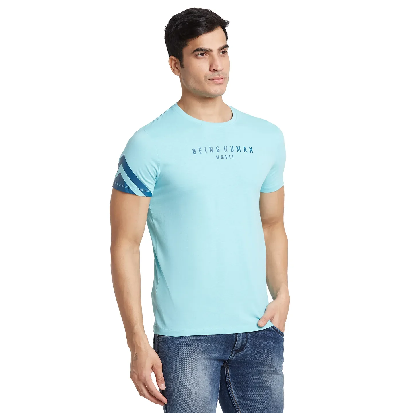Blue Regular Fit Men's Short Sleeves T-Shirt by Being Human Clothing - Image 4