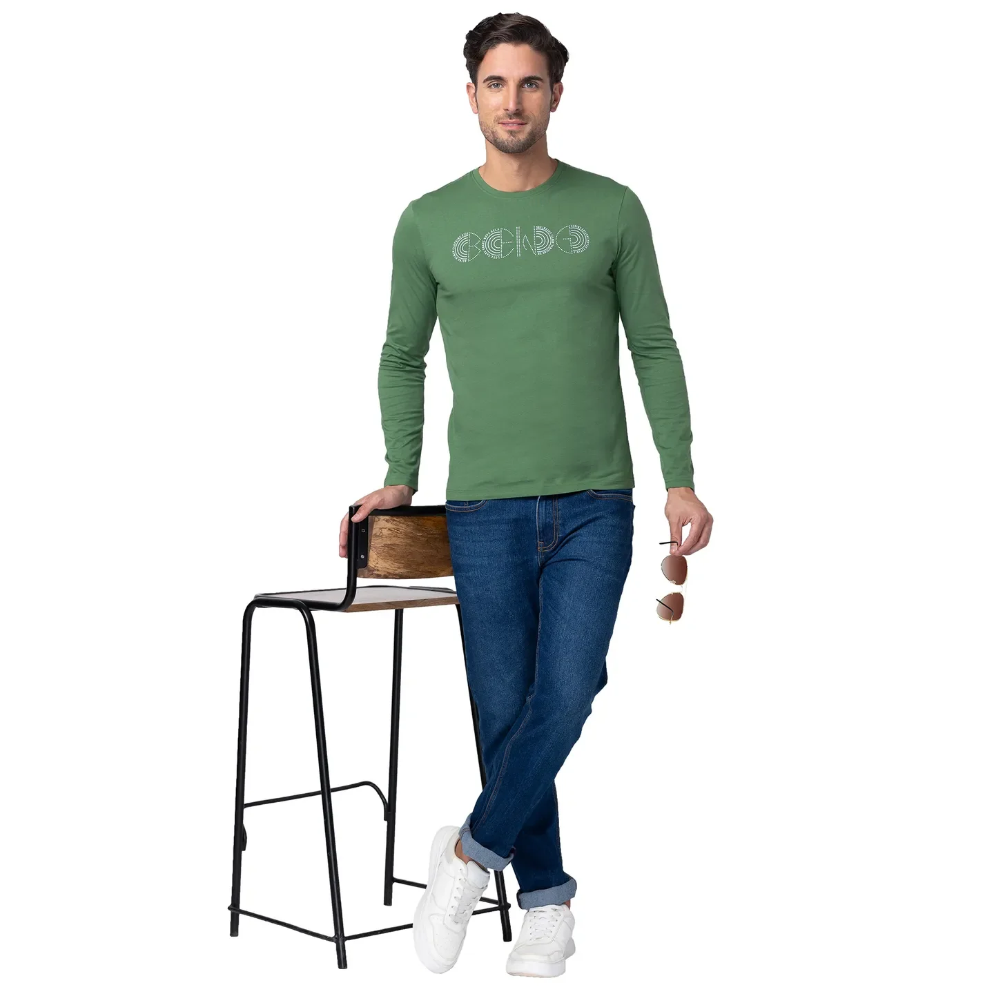 Green Regular Fit Men's Long Sleeves T-Shirt by Being Human Clothing - Image 6