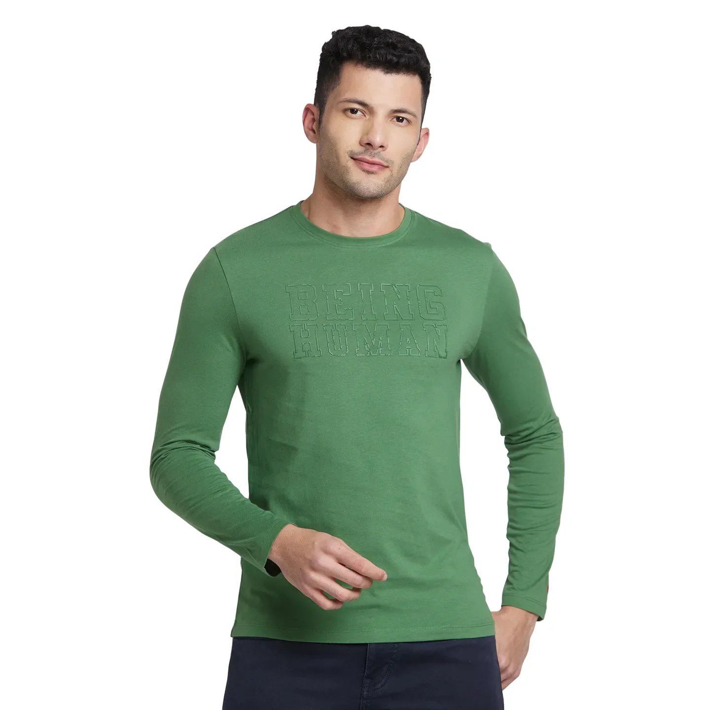 Green Regular Fit Men's Long Sleeves T-Shirt by Being Human Clothing