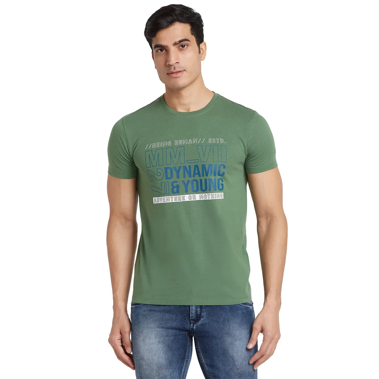 Green Regular Fit Round Neck Men's T-Shirt by Being Human Clothing