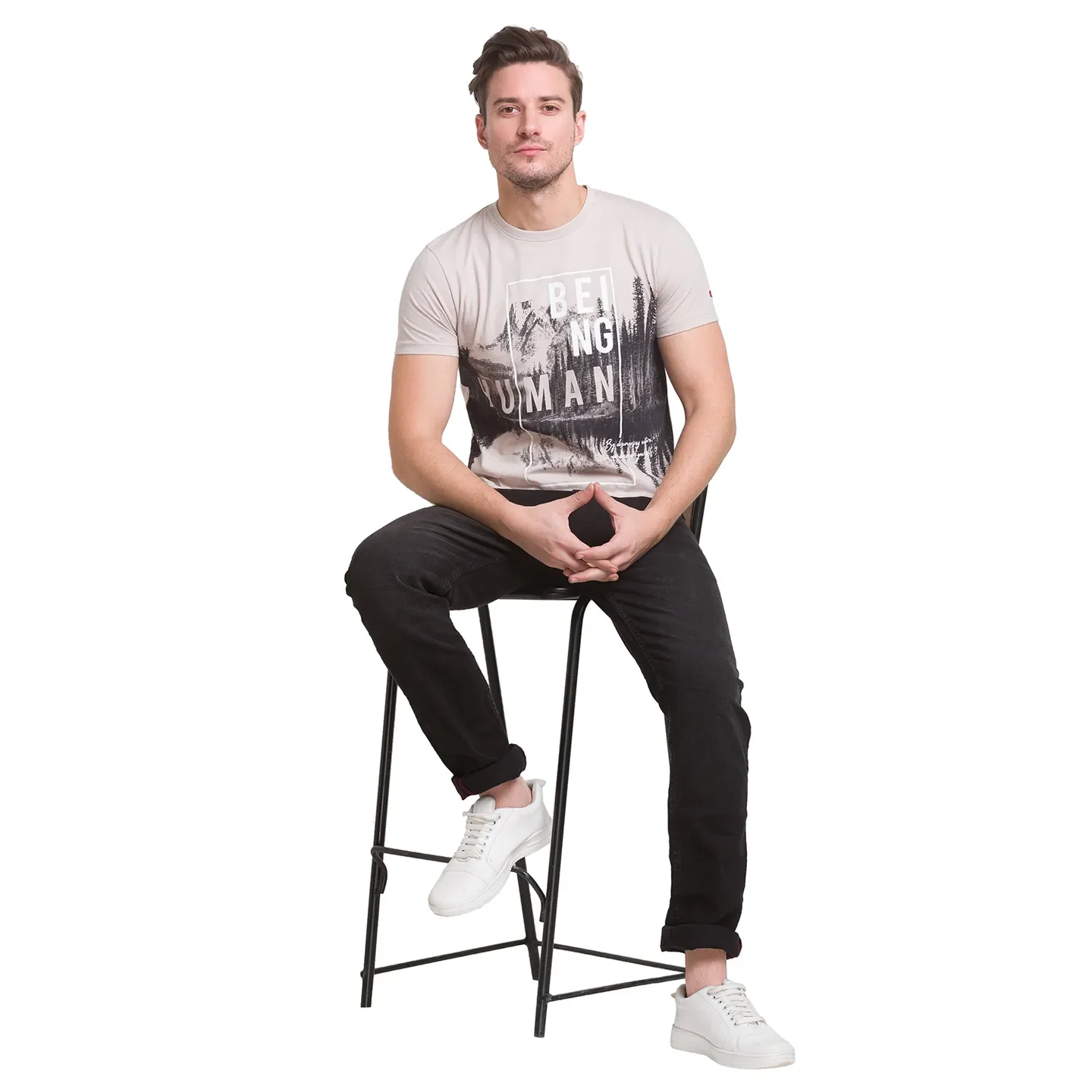 Beige Regular Fit Men's Short Sleeves T-Shirt by Being Human Clothing - Image 3