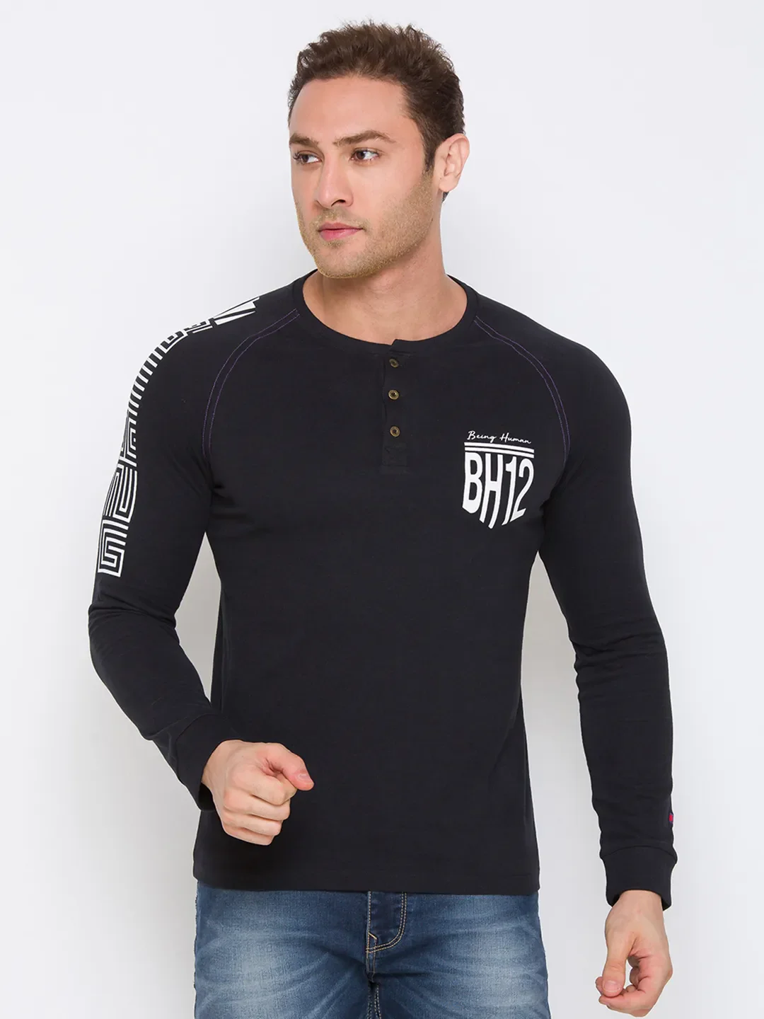 Black Regular Fit Men's Long Sleeves T-Shirt by Being Human Clothing