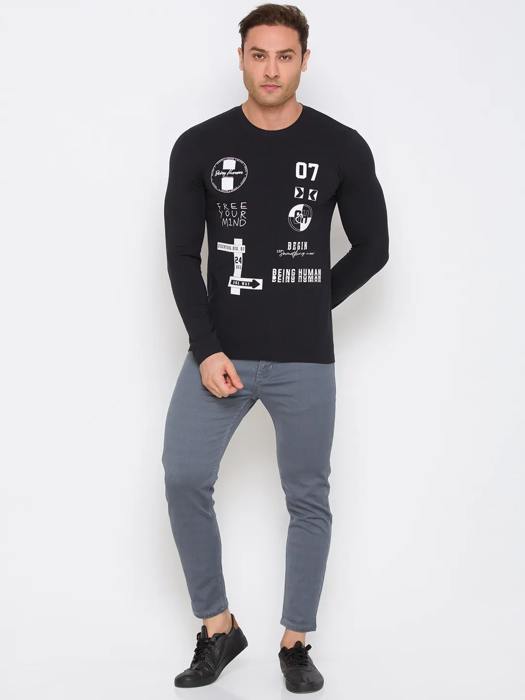 Black Regular Fit Men's Long Sleeves T-Shirt by Being Human Clothing - Image 5