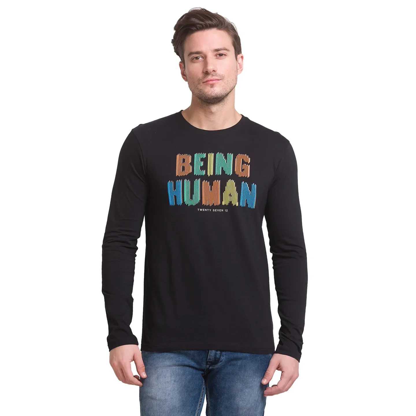 Black Regular Fit Men's Long Sleeves T-Shirt by Being Human Clothing