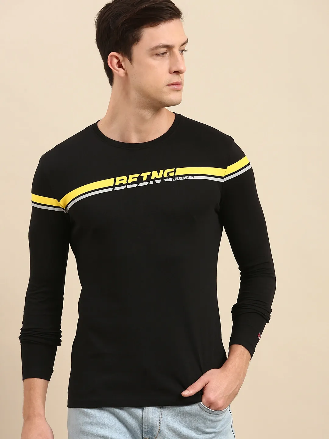 Black Regular Fit Men's Long Sleeves T-Shirt by Being Human Clothing