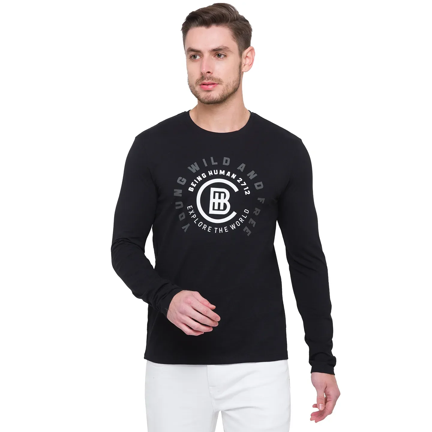 Black Regular Fit Men's Long Sleeves T-Shirt by Being Human Clothing