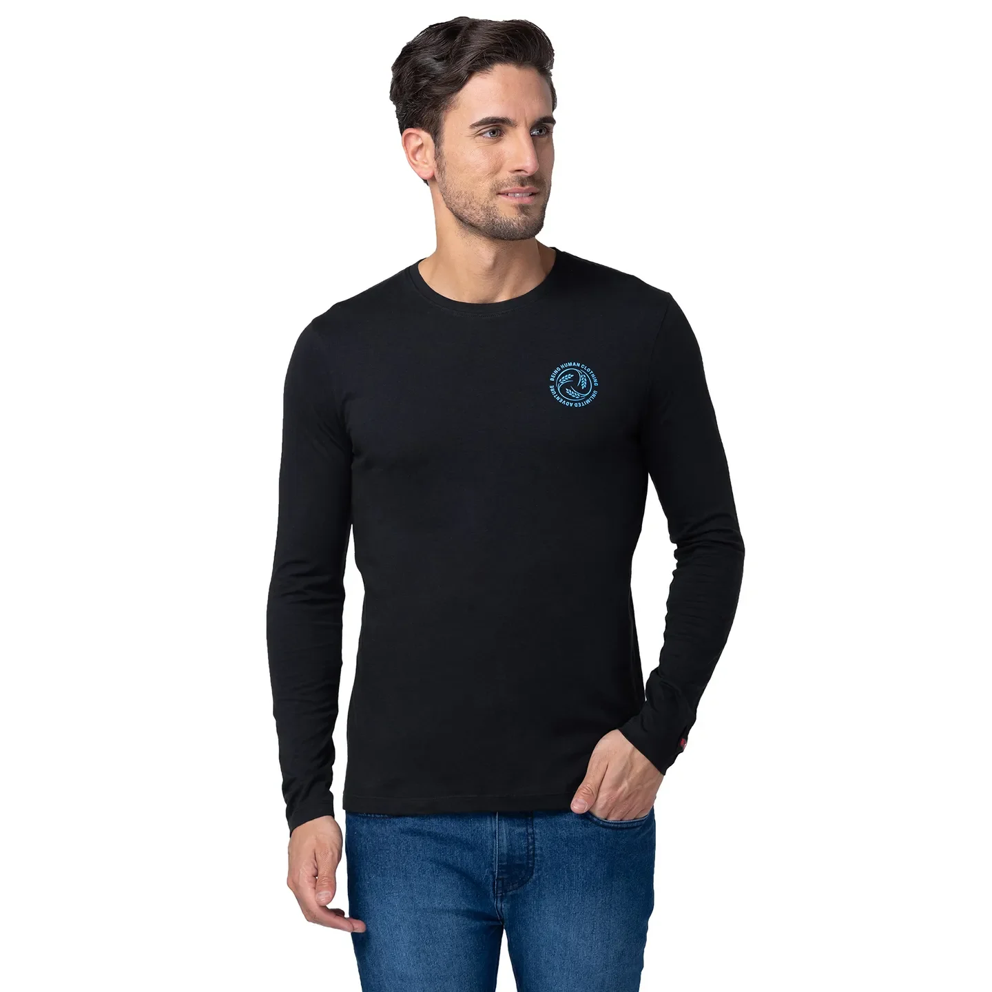 Black Regular Fit Men's Long Sleeves T-Shirt by Being Human Clothing