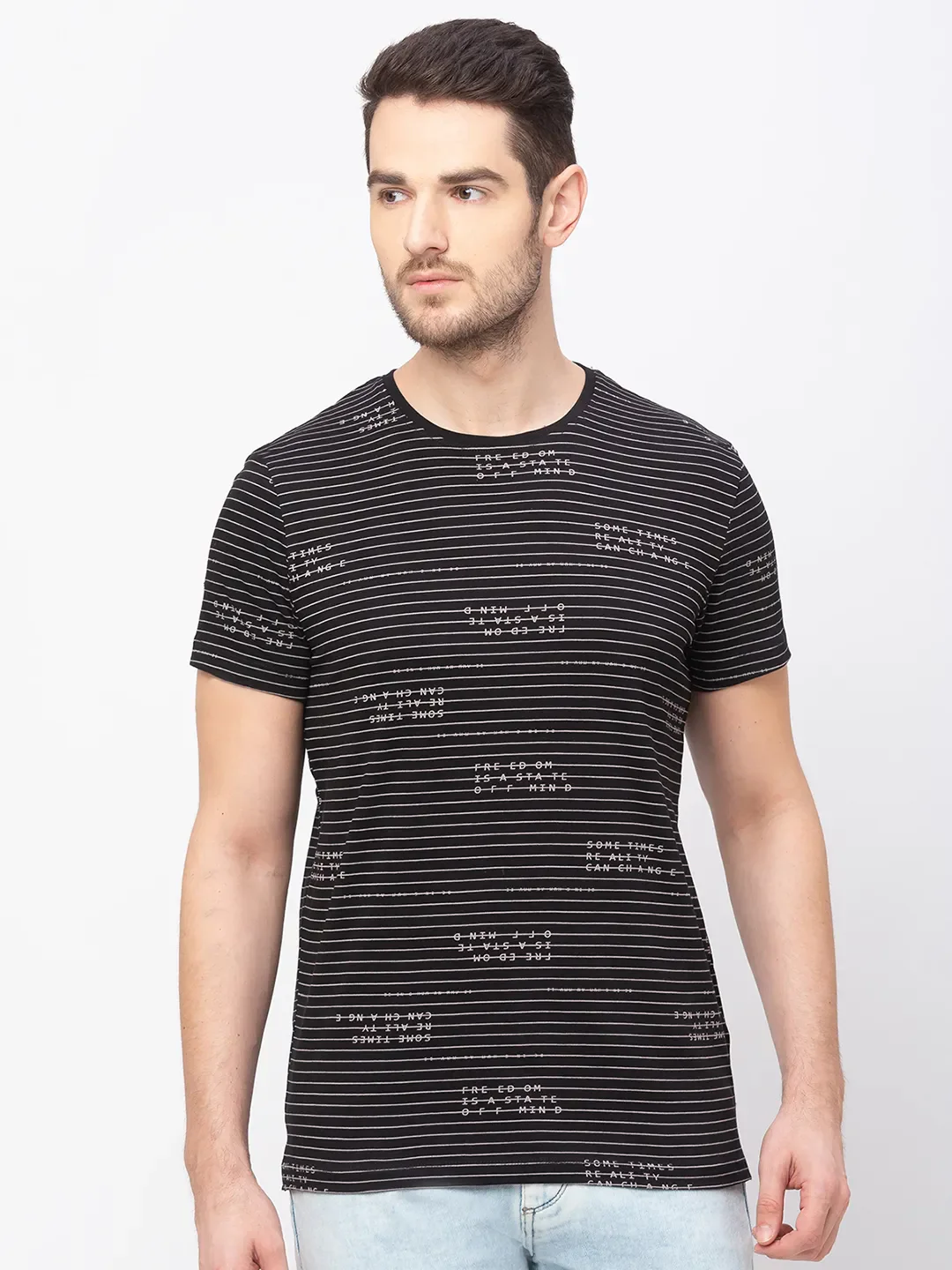 Black Printed Crew Neck Men's T-shirt by Being Human - Image 3
