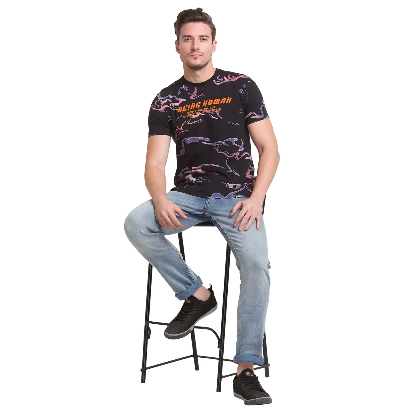 Black Regular Fit Round Neck Men's T-Shirt by Being Human Clothing - Image 4