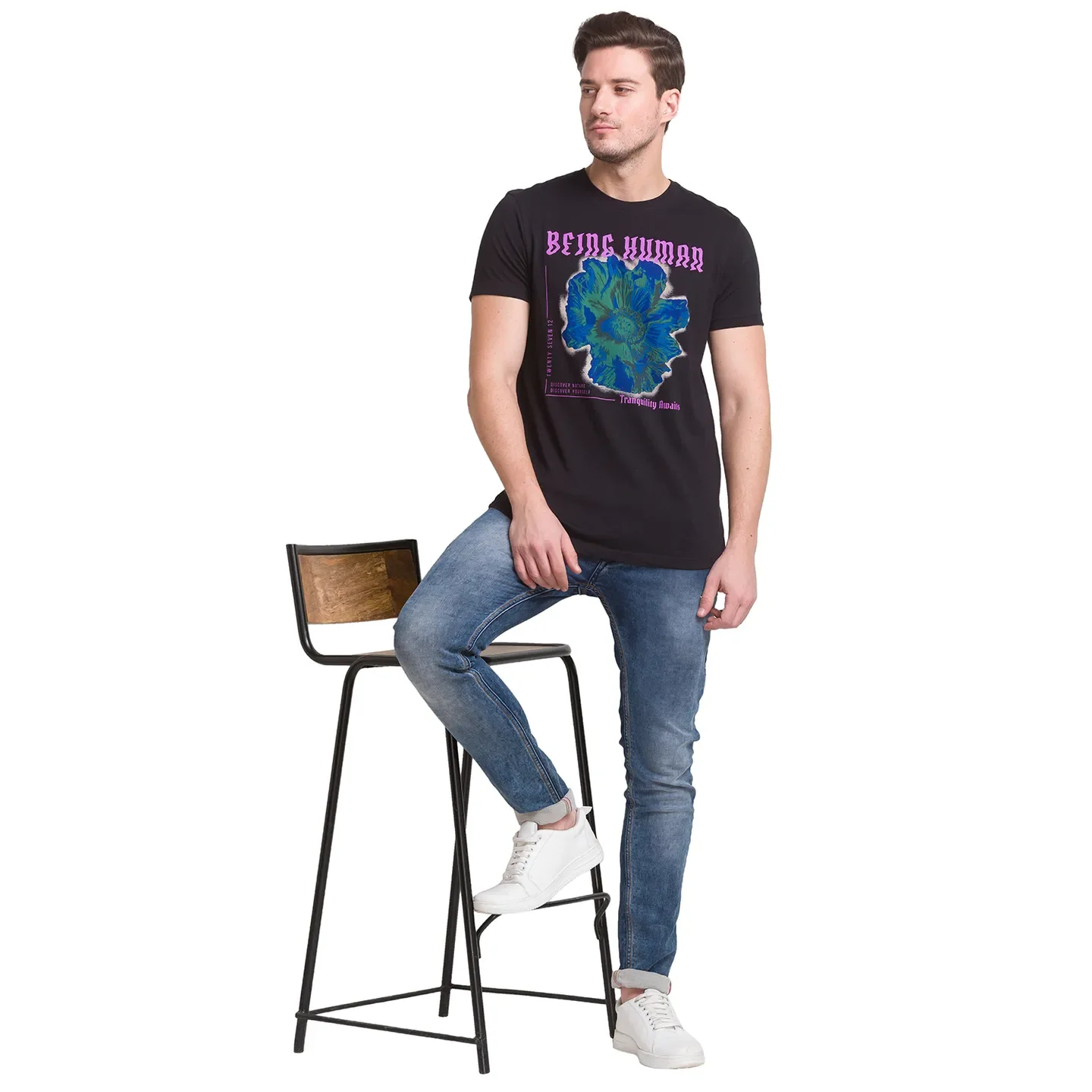 Black Regular Fit Round Neck Men's T-Shirt by Being Human Clothing - Image 3