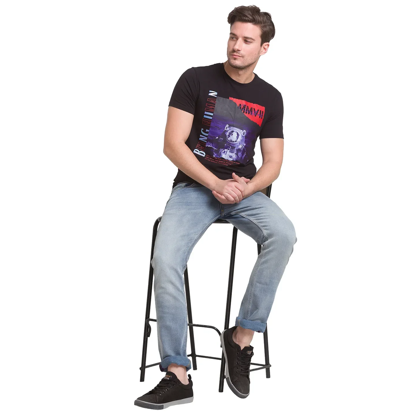 Black Regular Fit Round Neck Men's T-Shirt by Being Human Clothing - Image 3