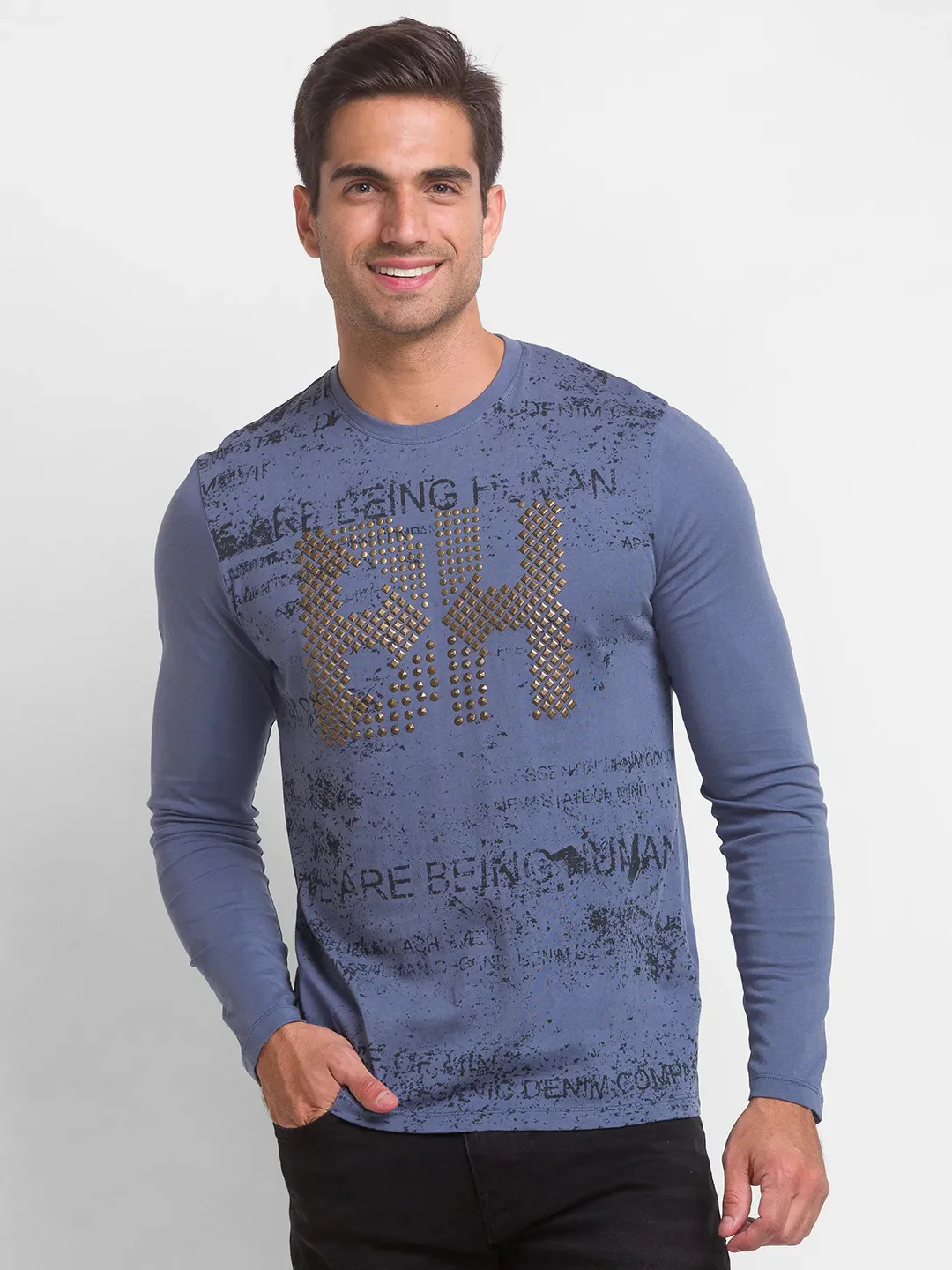 Blue Regular Fit Men's Long Sleeves T-Shirt by Being Human Clothing