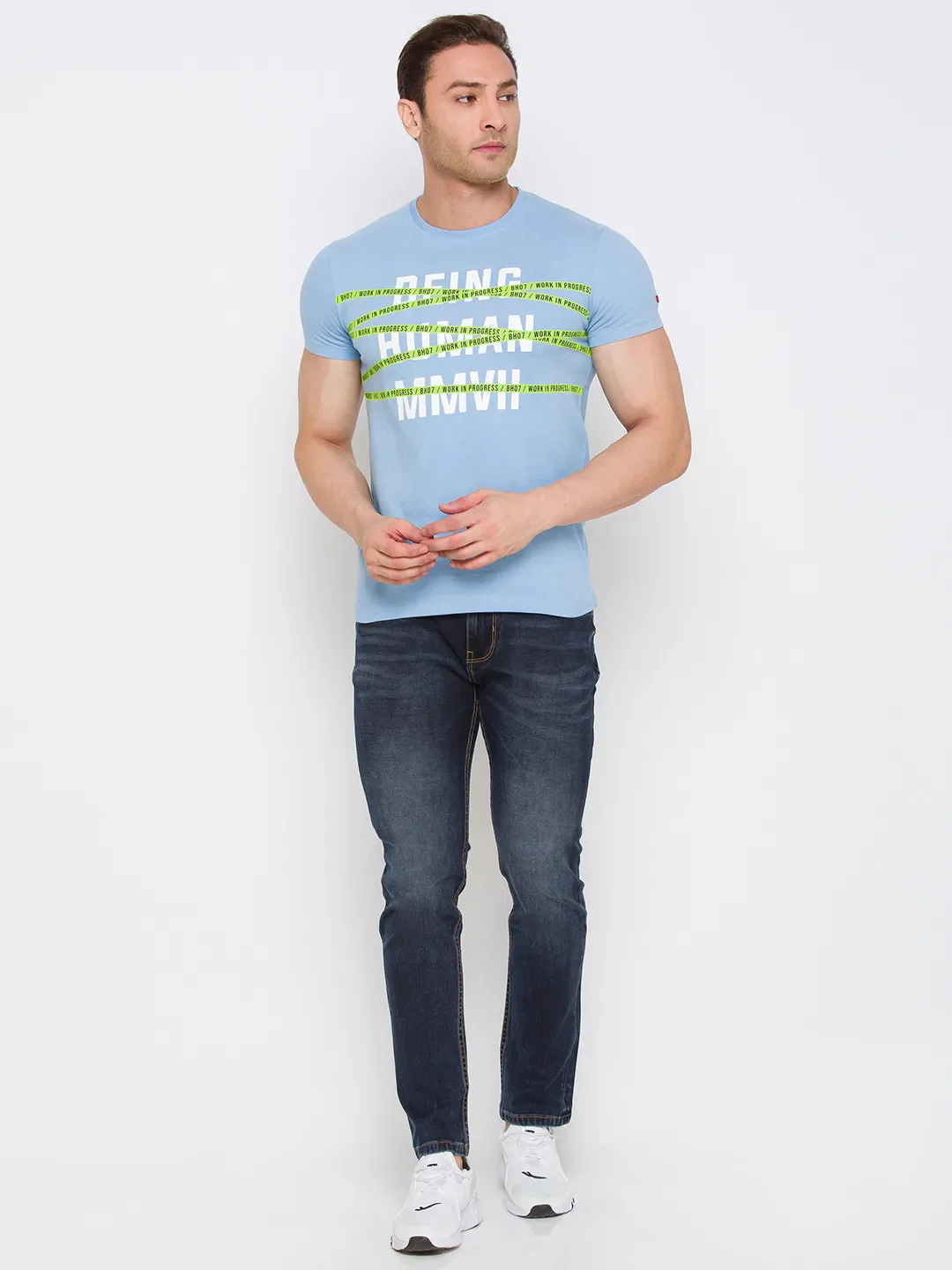 Blue Regular Fit Round Neck Men's T-Shirt by Being Human Clothing - Image 4