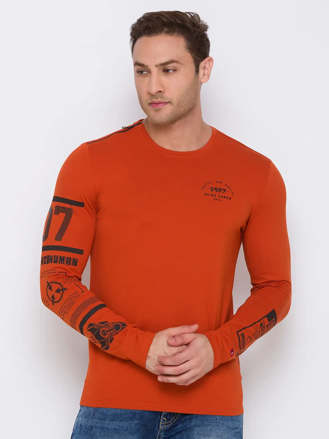 Red Regular Fit Men's Long Sleeves T-Shirt by Being Human Clothing