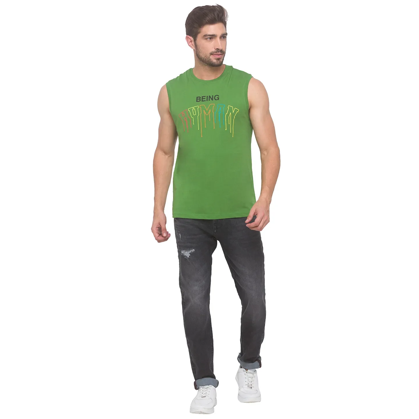 Green Regular Fit Men's Sleevesles T-Shirt by Being Human Clothing - Image 3
