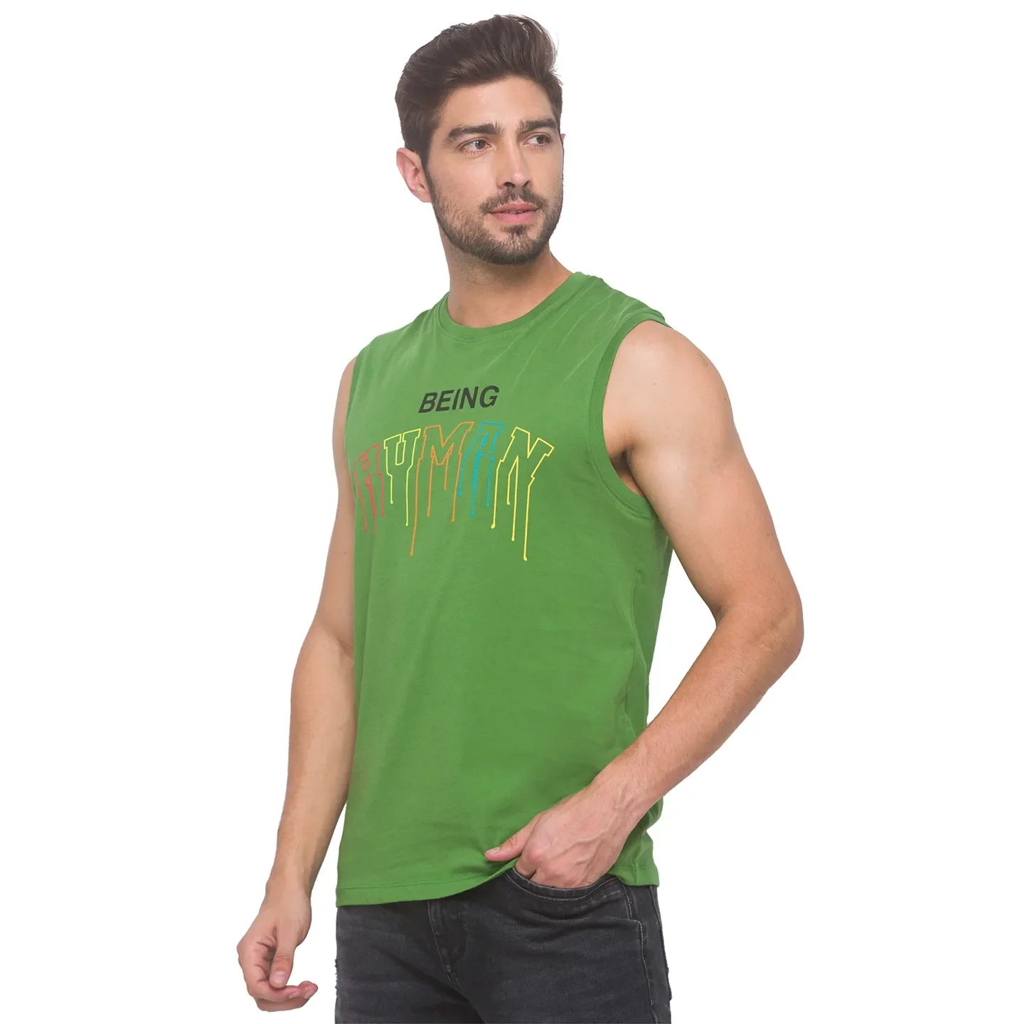 Green Regular Fit Men's Sleevesles T-Shirt by Being Human Clothing - Image 4
