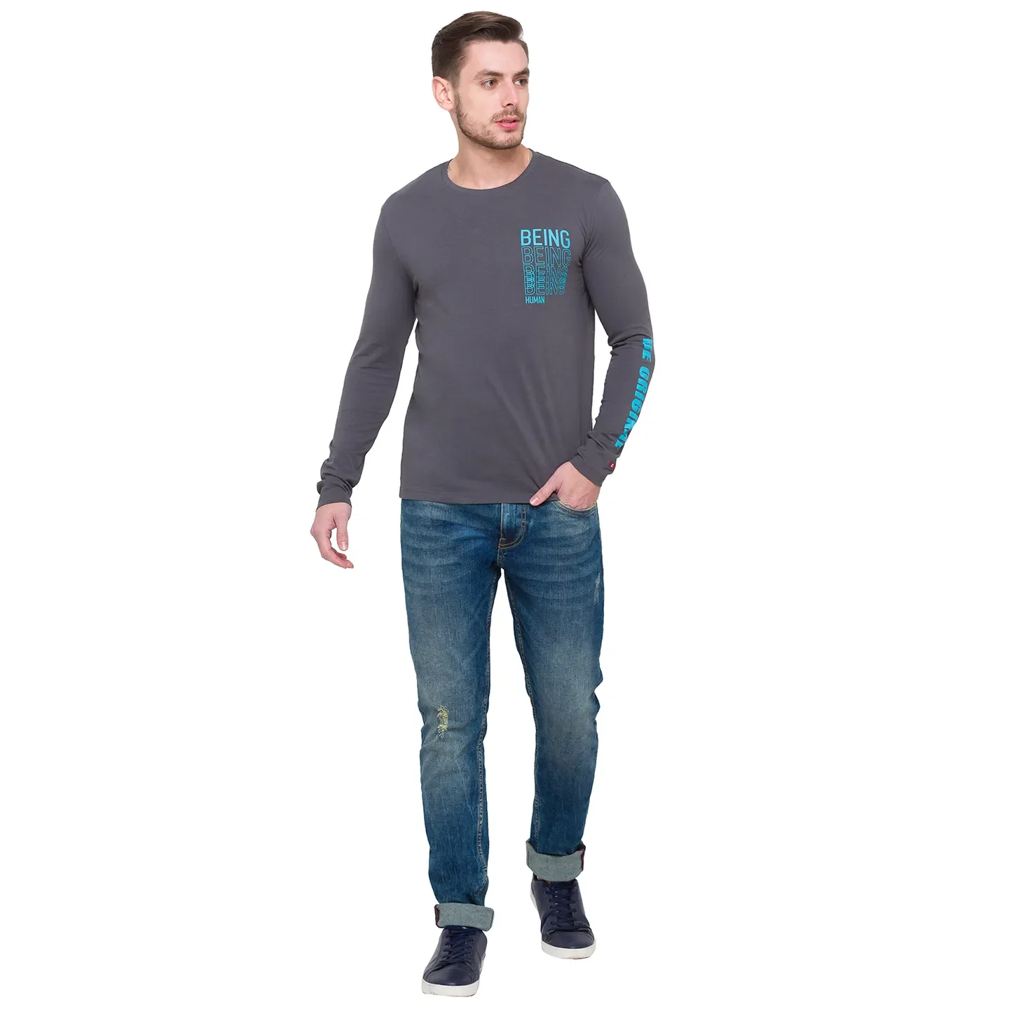 Grey Regular Fit Men's Long Sleeves T-Shirt by Being Human Clothing - Image 5